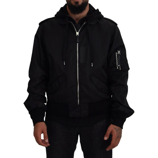Dolce & Gabbana Black Nylon Hooded Full Zip Men Coat Jacket