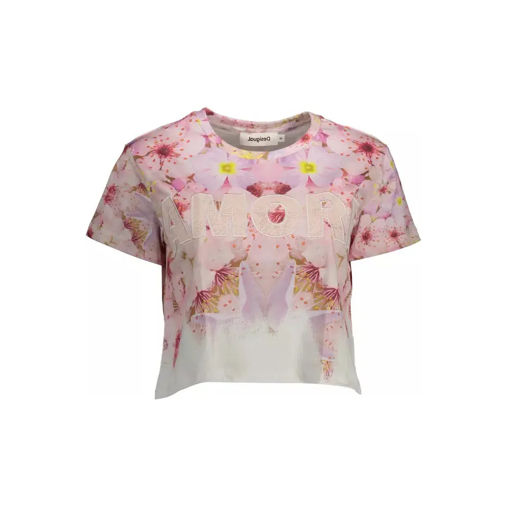 Desigual Chic Pink Embroidered Cotton Tee Desigual Gray