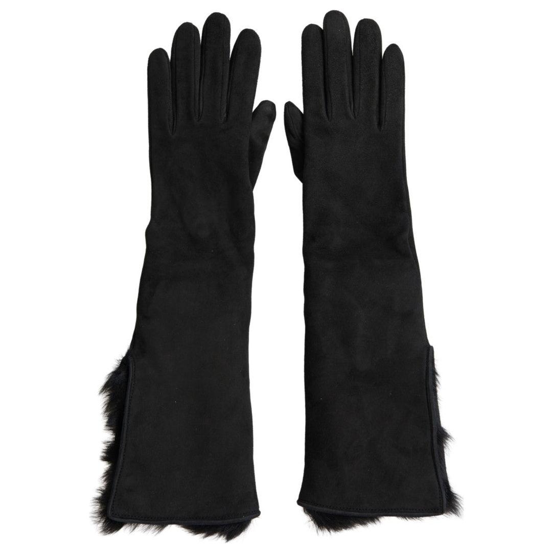 Dolce & Gabbana Elegant Leather Elbow Length Gloves with Fur Trim Dolce & Gabbana Black