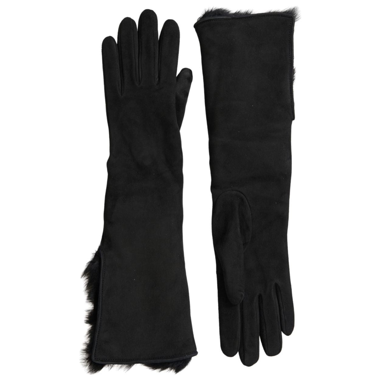 Dolce & Gabbana Elegant Leather Elbow Length Gloves with Fur Trim Dolce & Gabbana Black