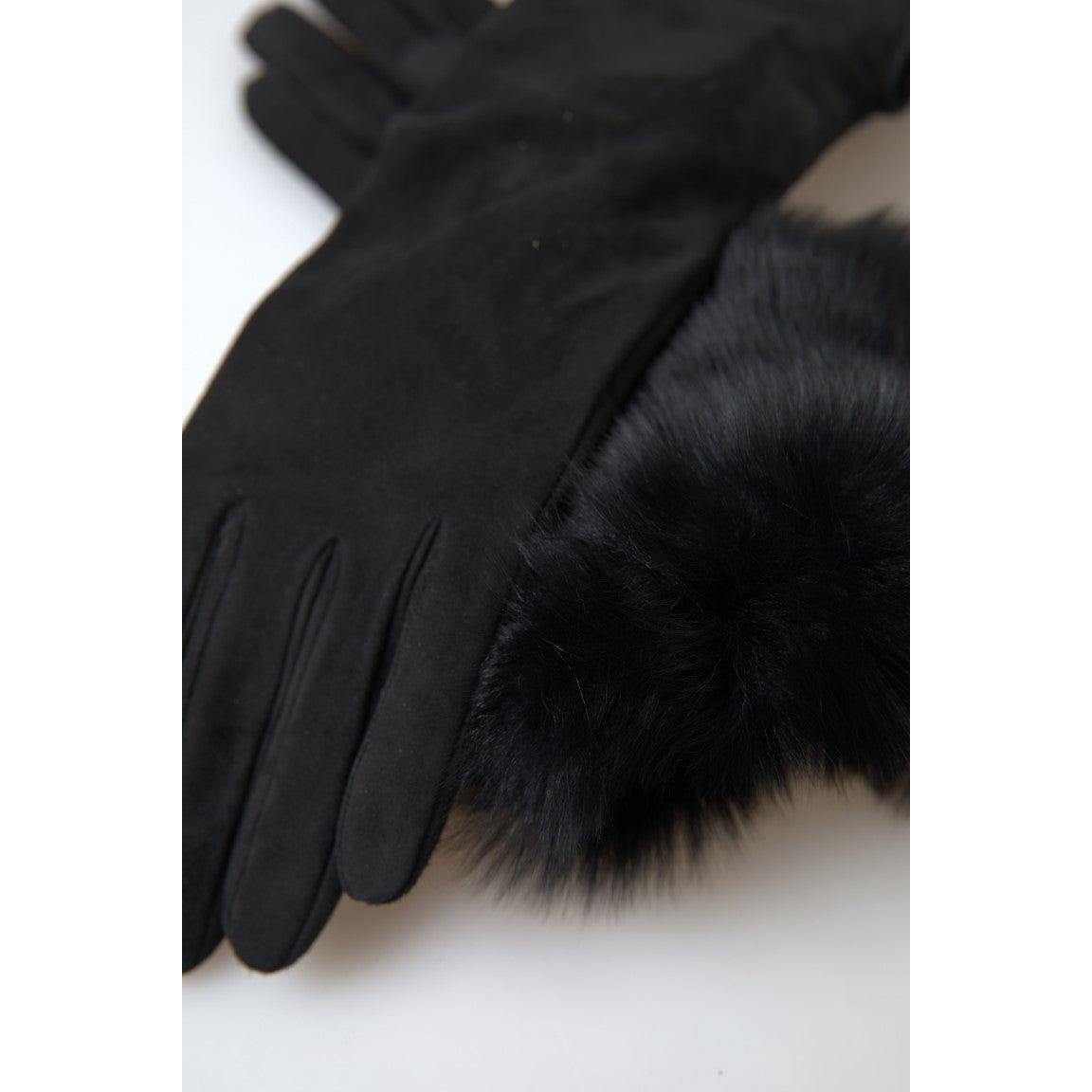 Dolce & Gabbana Elegant Leather Elbow Length Gloves with Fur Trim Dolce & Gabbana Light Gray