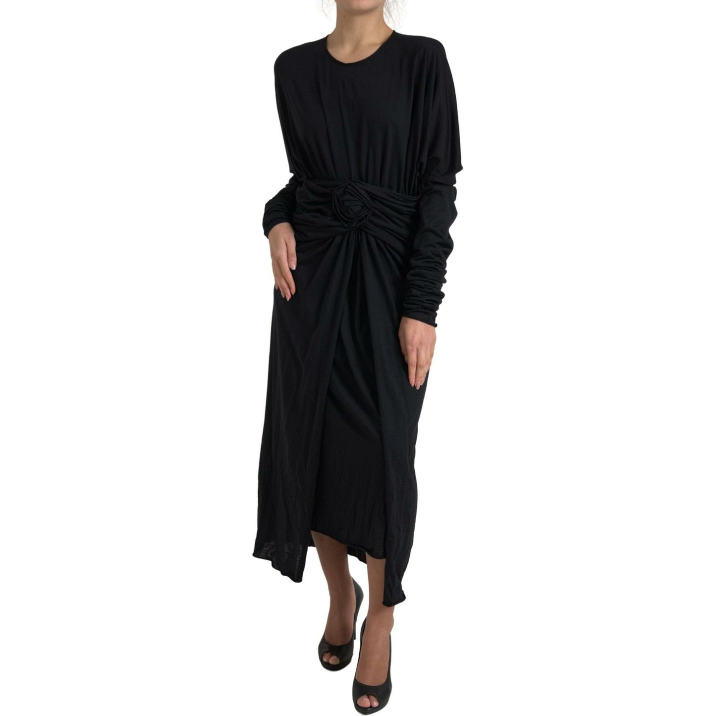 Dolce & Gabbana Elegant Black Wool Wrap Dress Dolce & Gabbana Black