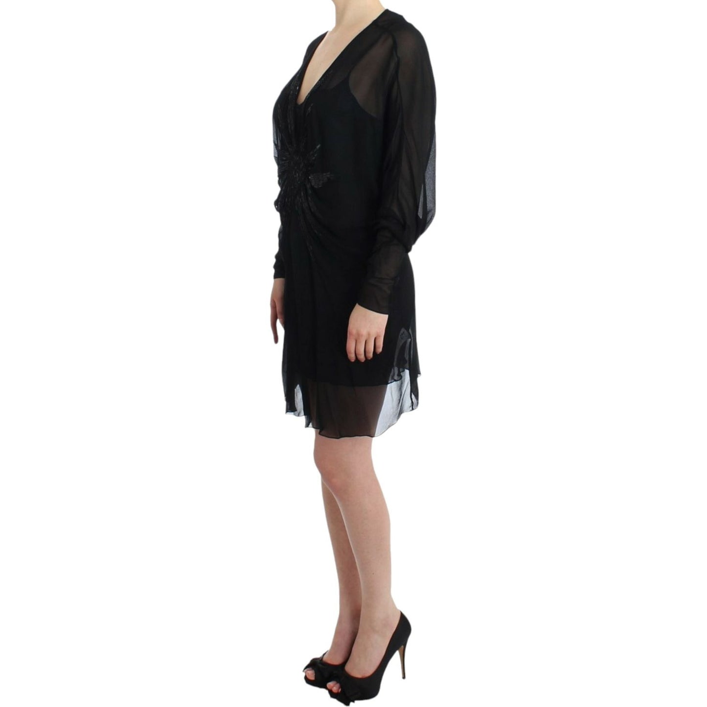 Cavalli Elegant Sheer Black Silk Blouson Dress Cavalli Rosy Brown