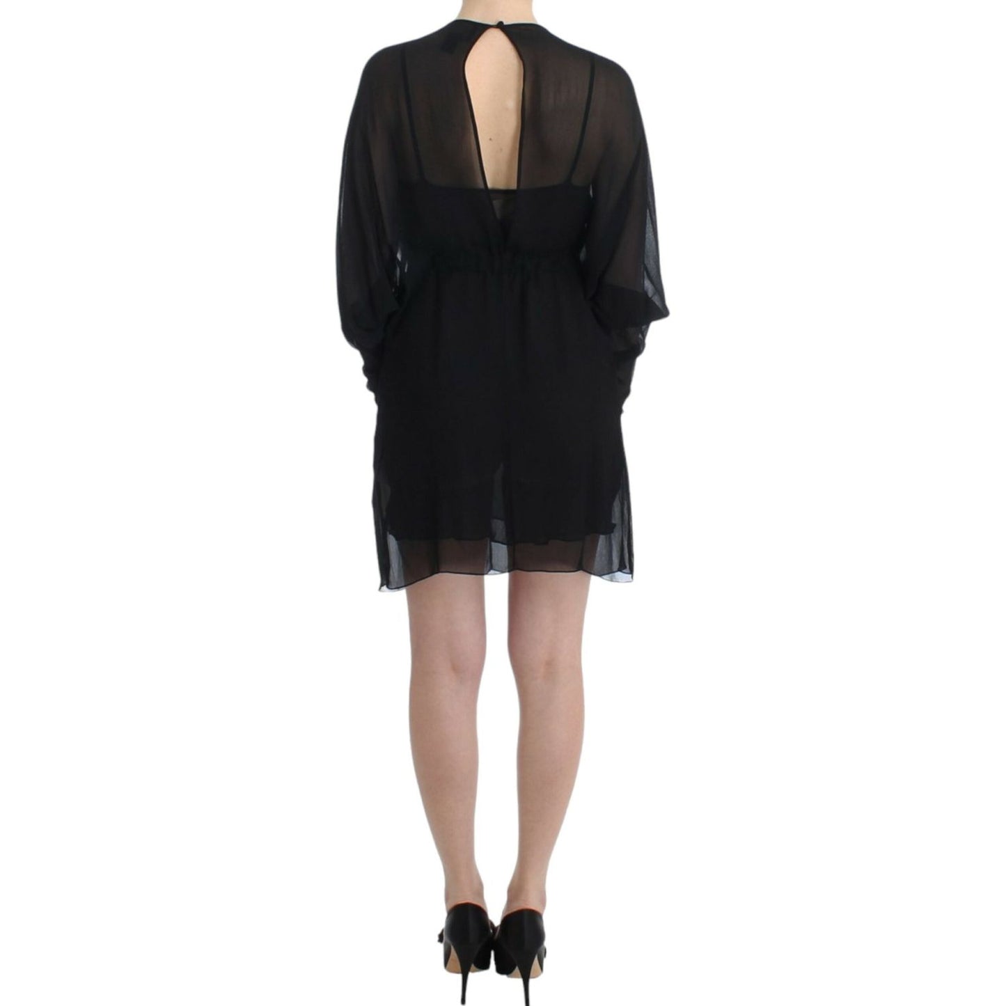 Cavalli Elegant Sheer Black Silk Blouson Dress Cavalli Rosy Brown