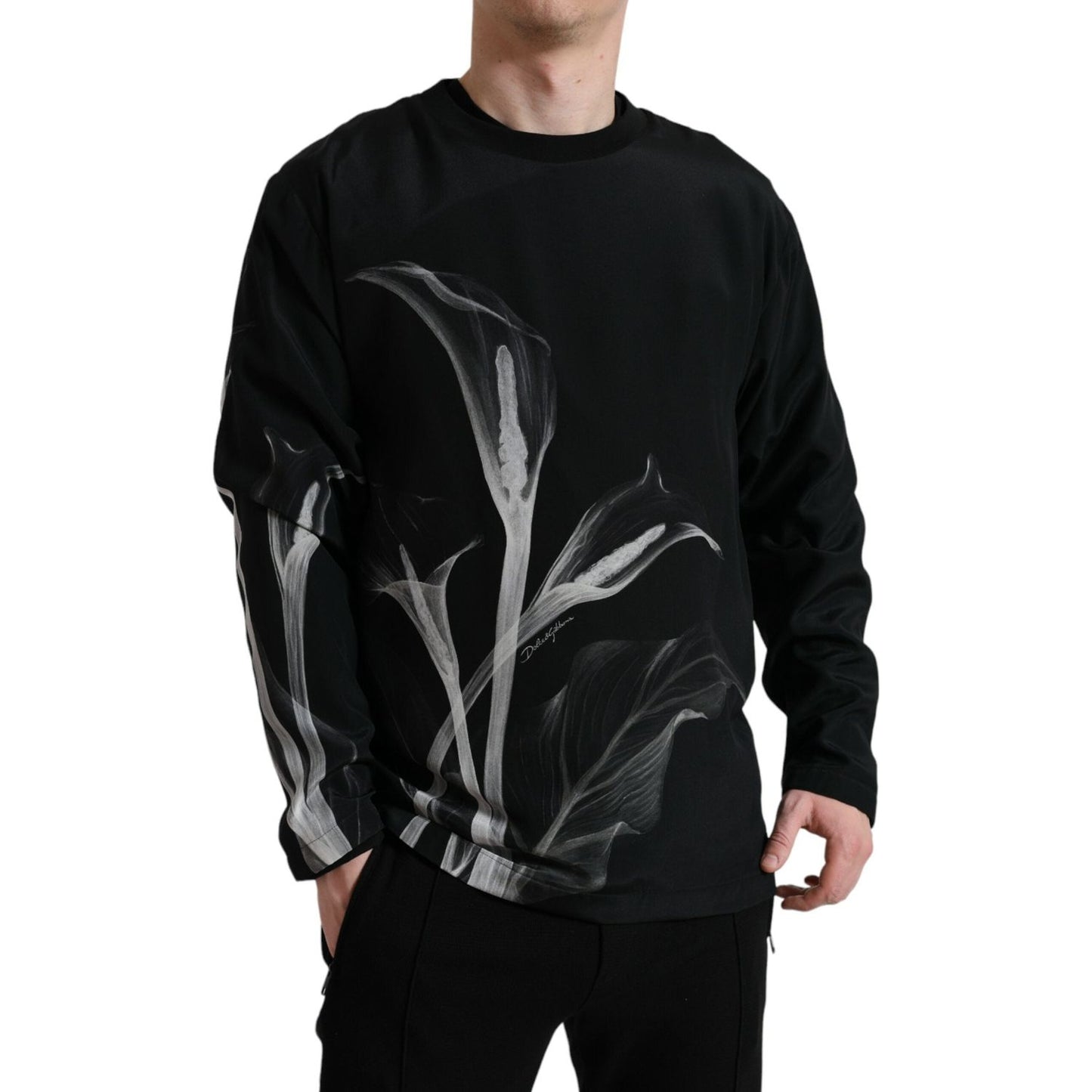 Dolce & Gabbana Floral Silk Crew Neck Sweater Dolce & Gabbana Black