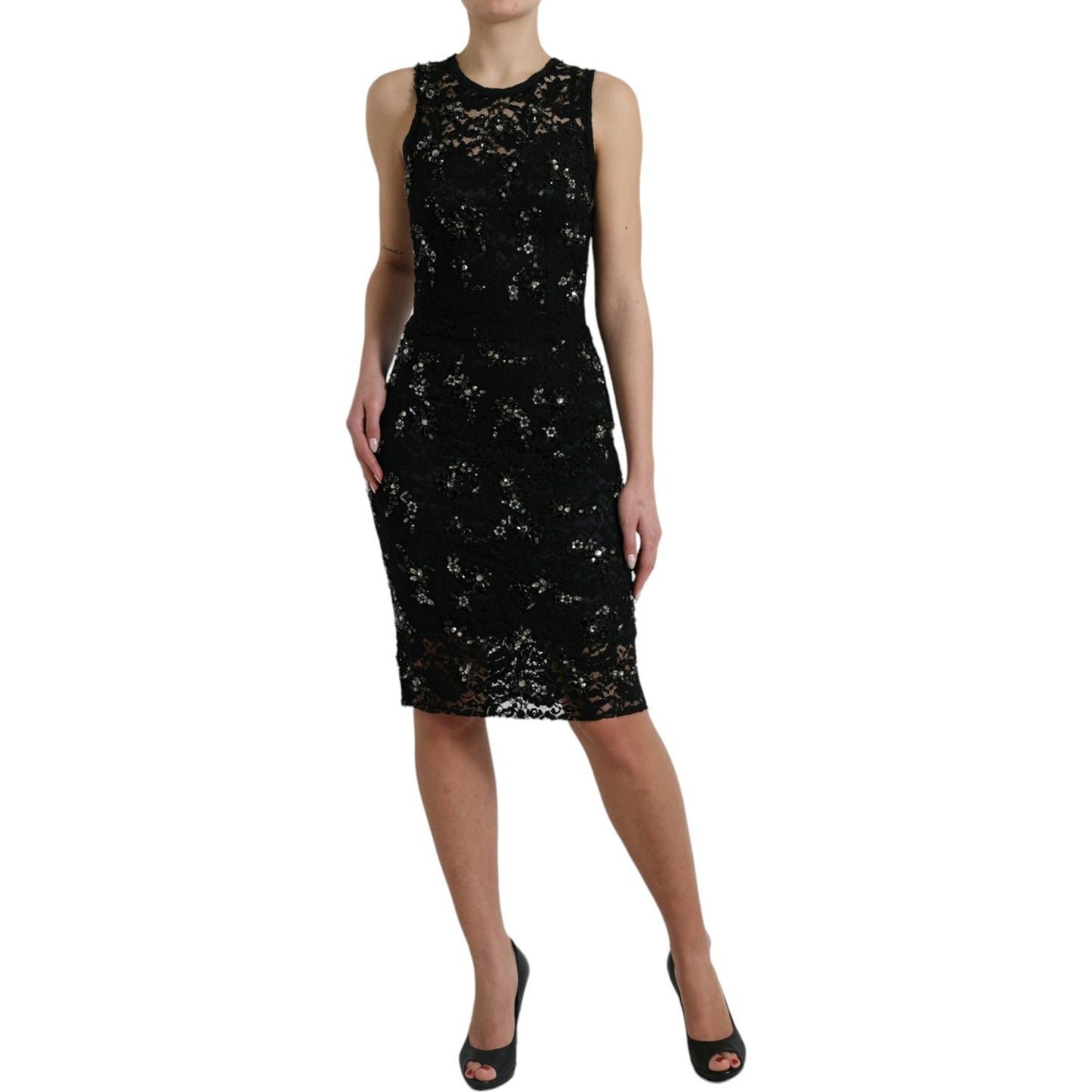 Dolce & Gabbana Exquisite Black Floral Lace Crystal Sheath Dress Dolce & Gabbana Black