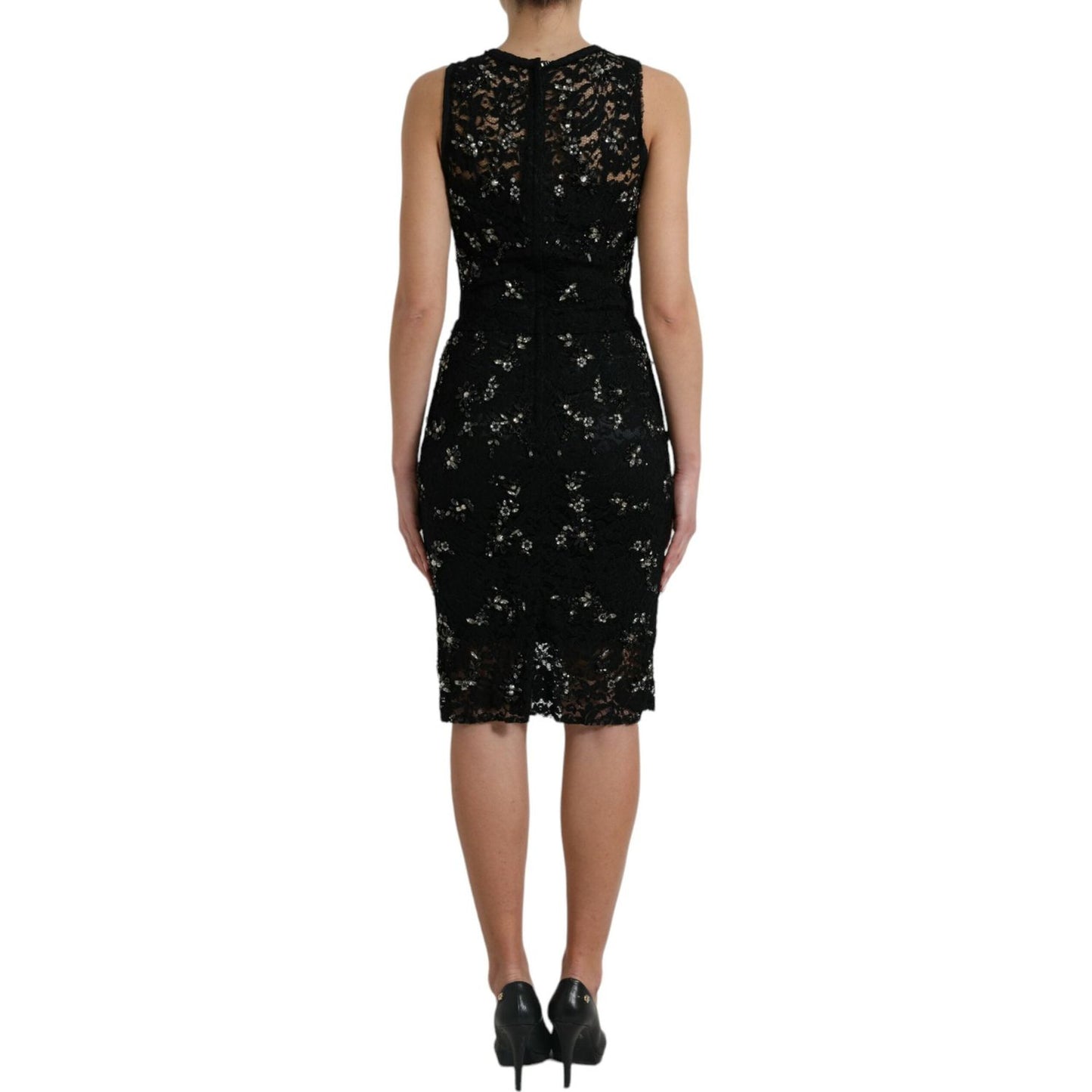 Dolce & Gabbana Exquisite Black Floral Lace Crystal Sheath Dress Dolce & Gabbana Black