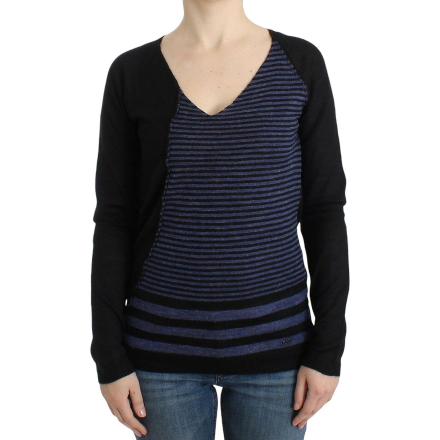 Costume National Chic Striped V-Neck Wool Blend Sweater Costume National Black