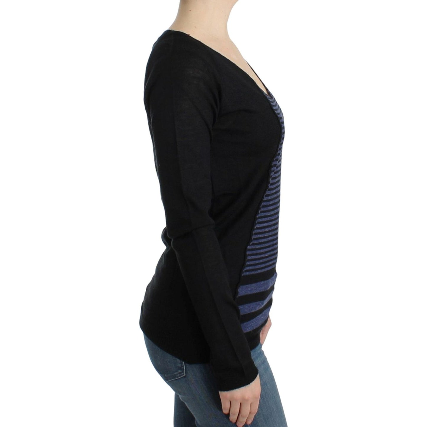 Costume National Chic Striped V-Neck Wool Blend Sweater Costume National Black