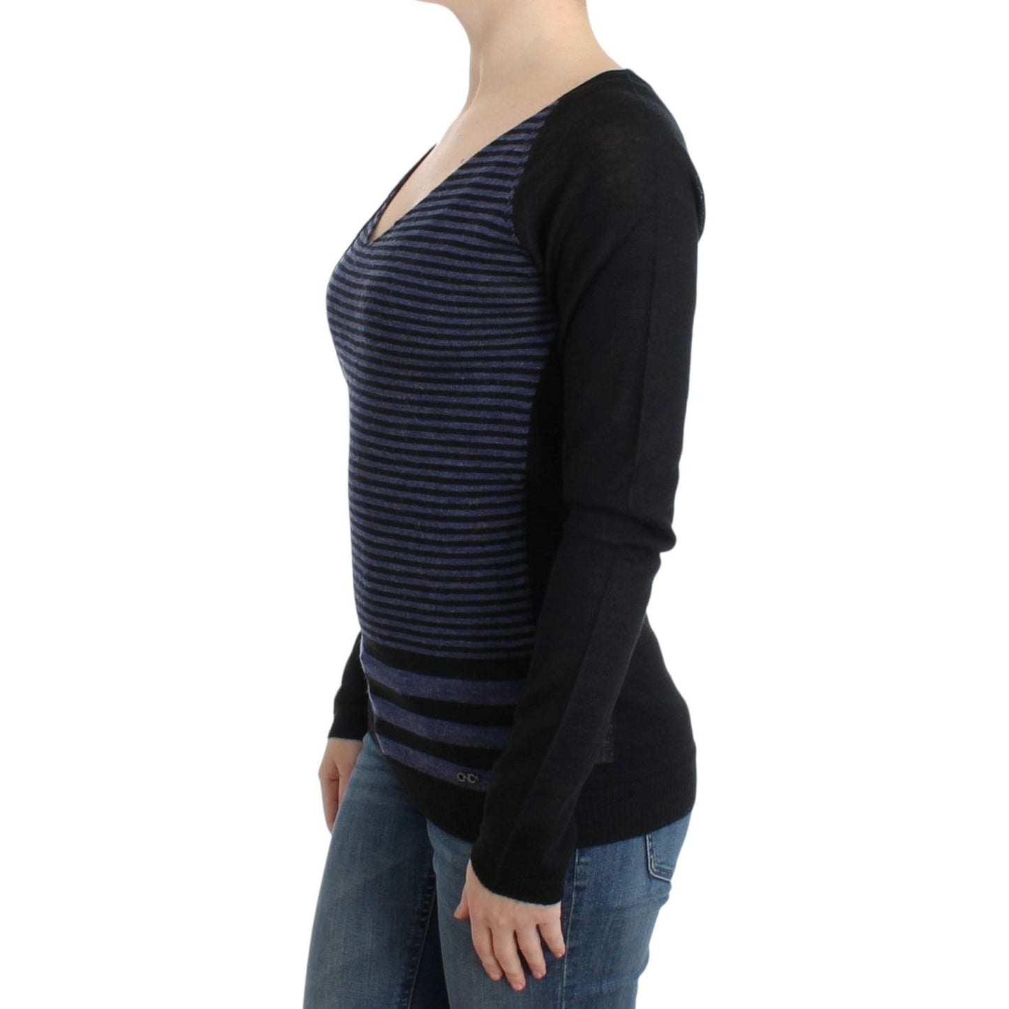 Costume National Chic Striped V-Neck Wool Blend Sweater Costume National Dark Slate Gray