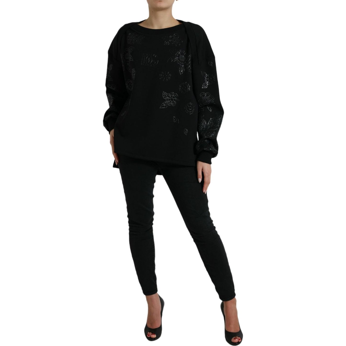 Dolce & Gabbana Elegant Black Floral Applique Sweater Dolce & Gabbana Black