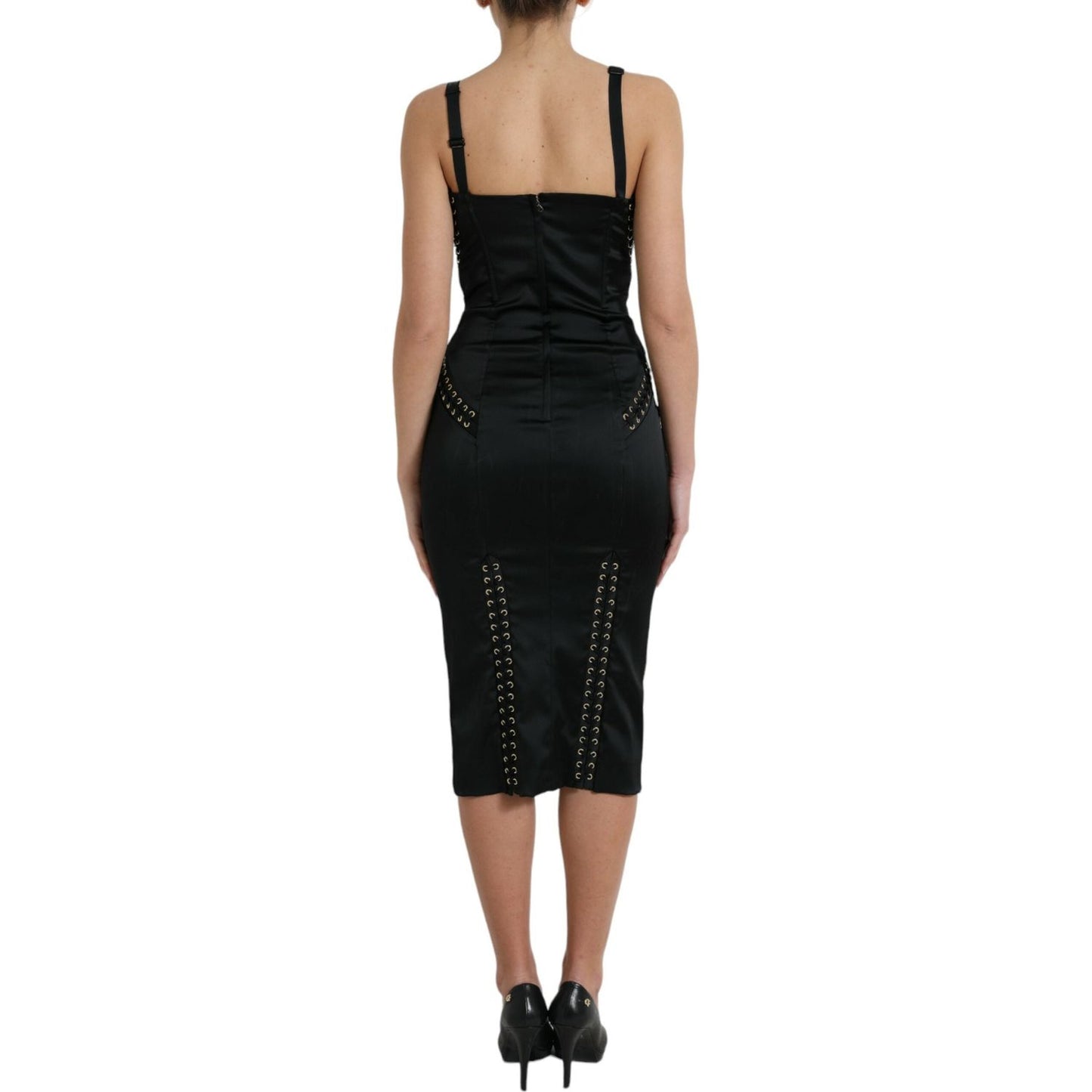 Dolce & Gabbana Elegant Black Lace-Up Midi Bodycon Dress Dolce & Gabbana Rosy Brown