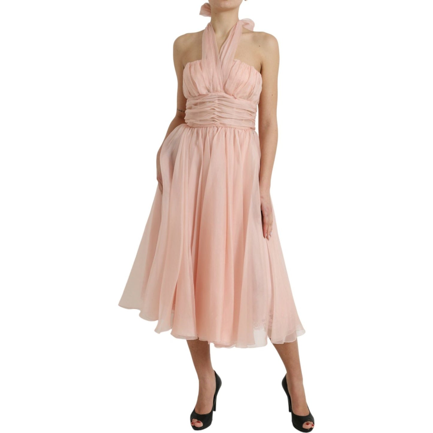 Dolce & Gabbana Elegant Silk Chiffon Halter Midi Dress Dolce & Gabbana Tan