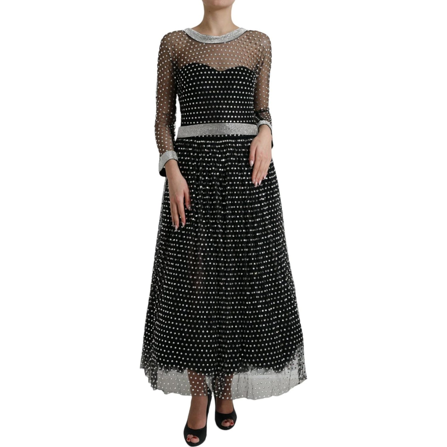Dolce & Gabbana Elegant Crystal-Embellished Long Black Dress Dolce & Gabbana Dark Gray