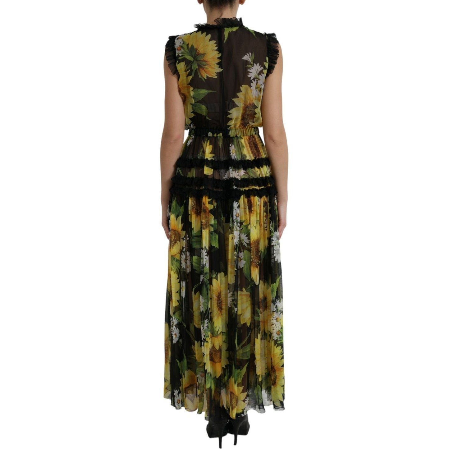 Dolce & Gabbana Elegant Sunflower Silk Maxi Dress Dolce & Gabbana Black