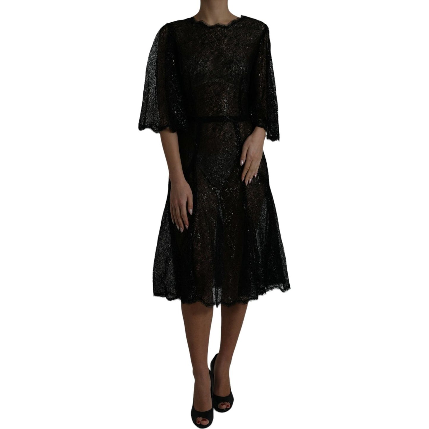 Dolce & Gabbana Elegant Floral Lace Midi Dress Dolce & Gabbana Black
