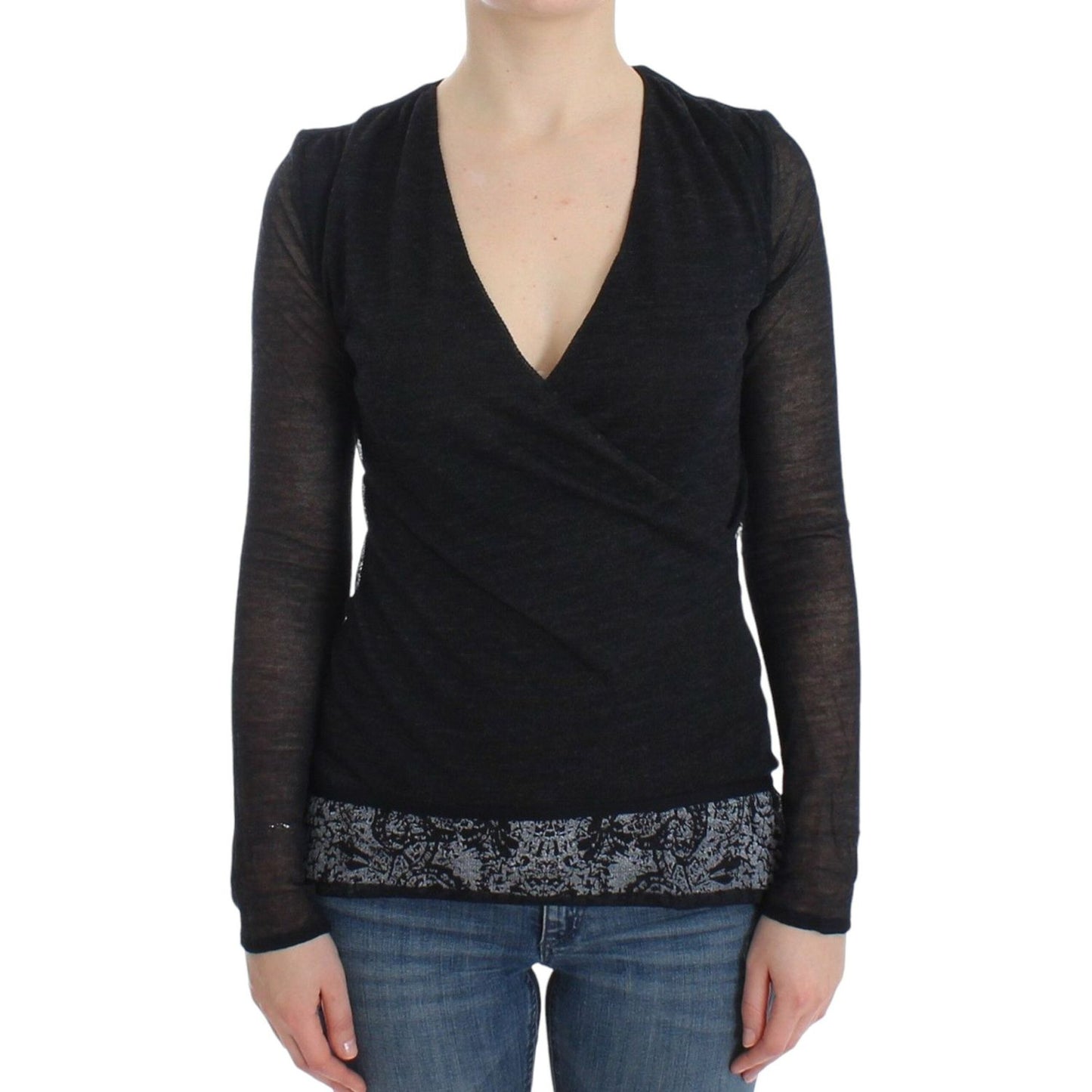 Ermanno Scervino Deep V-neck Black Wool Blend Sweater Ermanno Scervino Dark Slate Gray