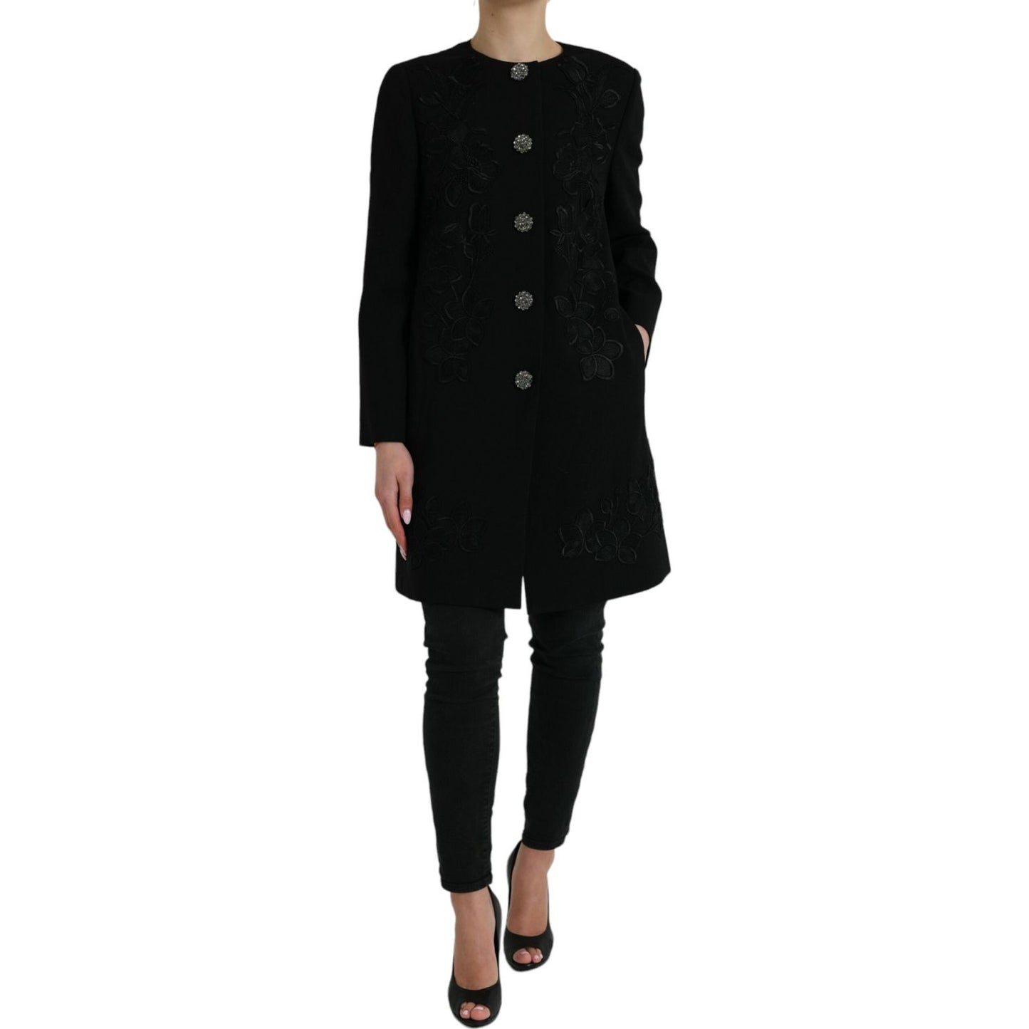 Dolce & Gabbana Elegant Floral Buttoned Wool Trench Coat Dolce & Gabbana Black