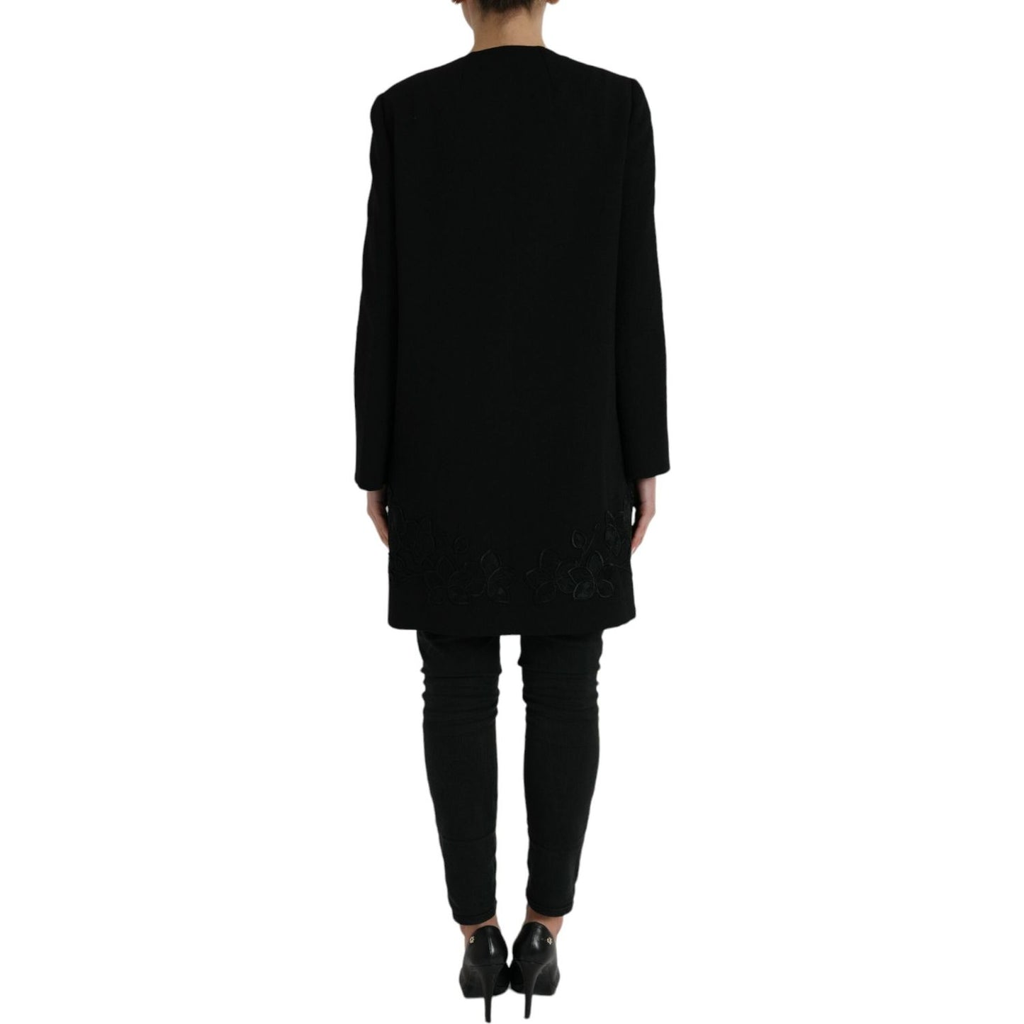 Dolce & Gabbana Elegant Floral Buttoned Wool Trench Coat Dolce & Gabbana Black