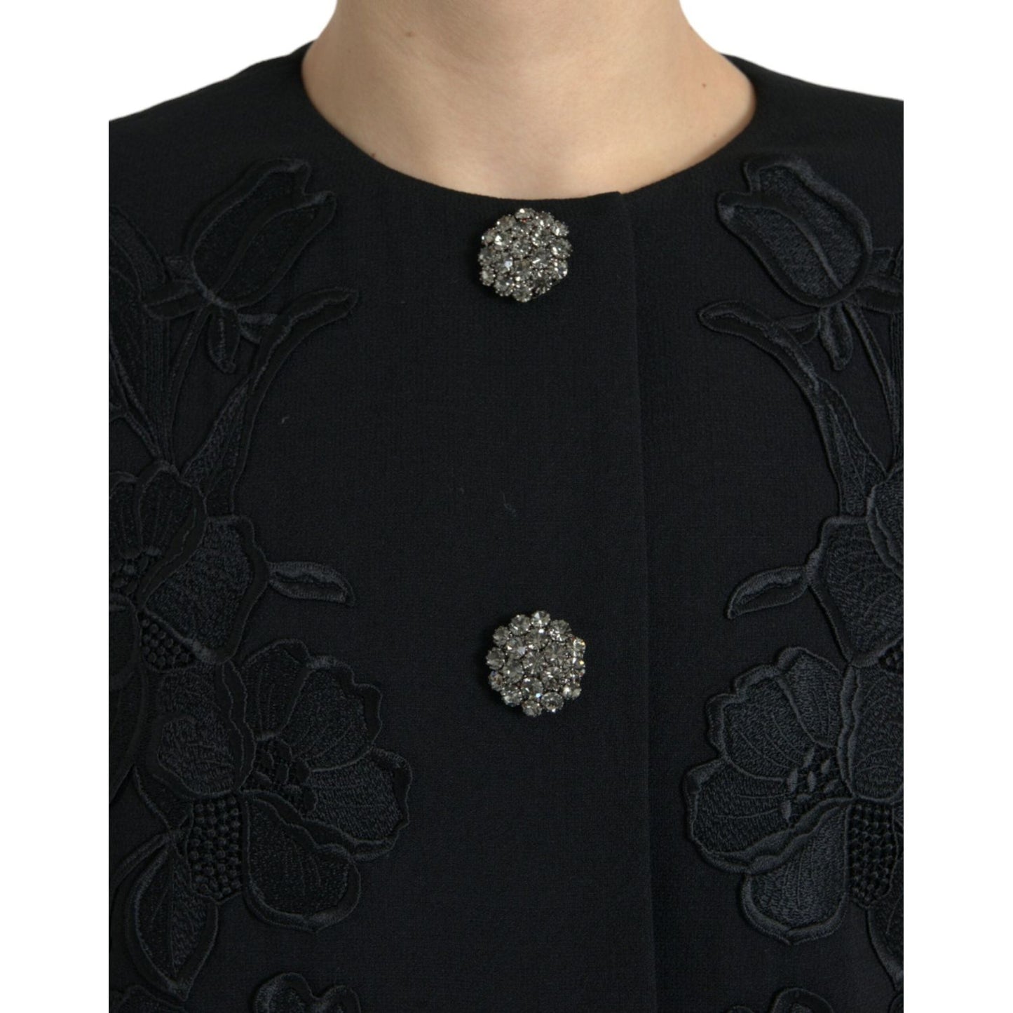 Dolce & Gabbana Elegant Floral Buttoned Wool Trench Coat Dolce & Gabbana Black