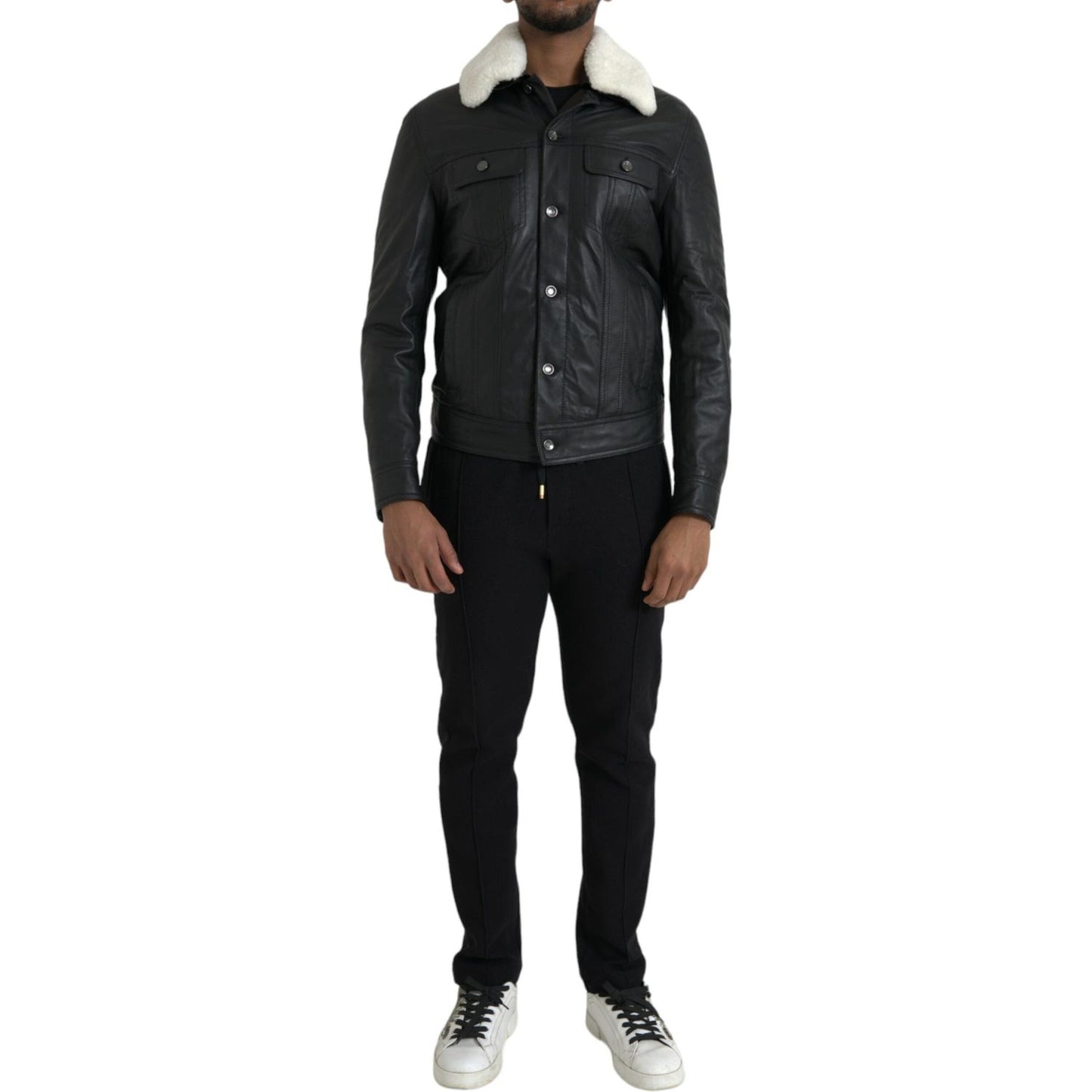 Dolce & Gabbana Black Leather Fur Collar Biker Coat Jacket Dolce & Gabbana Black