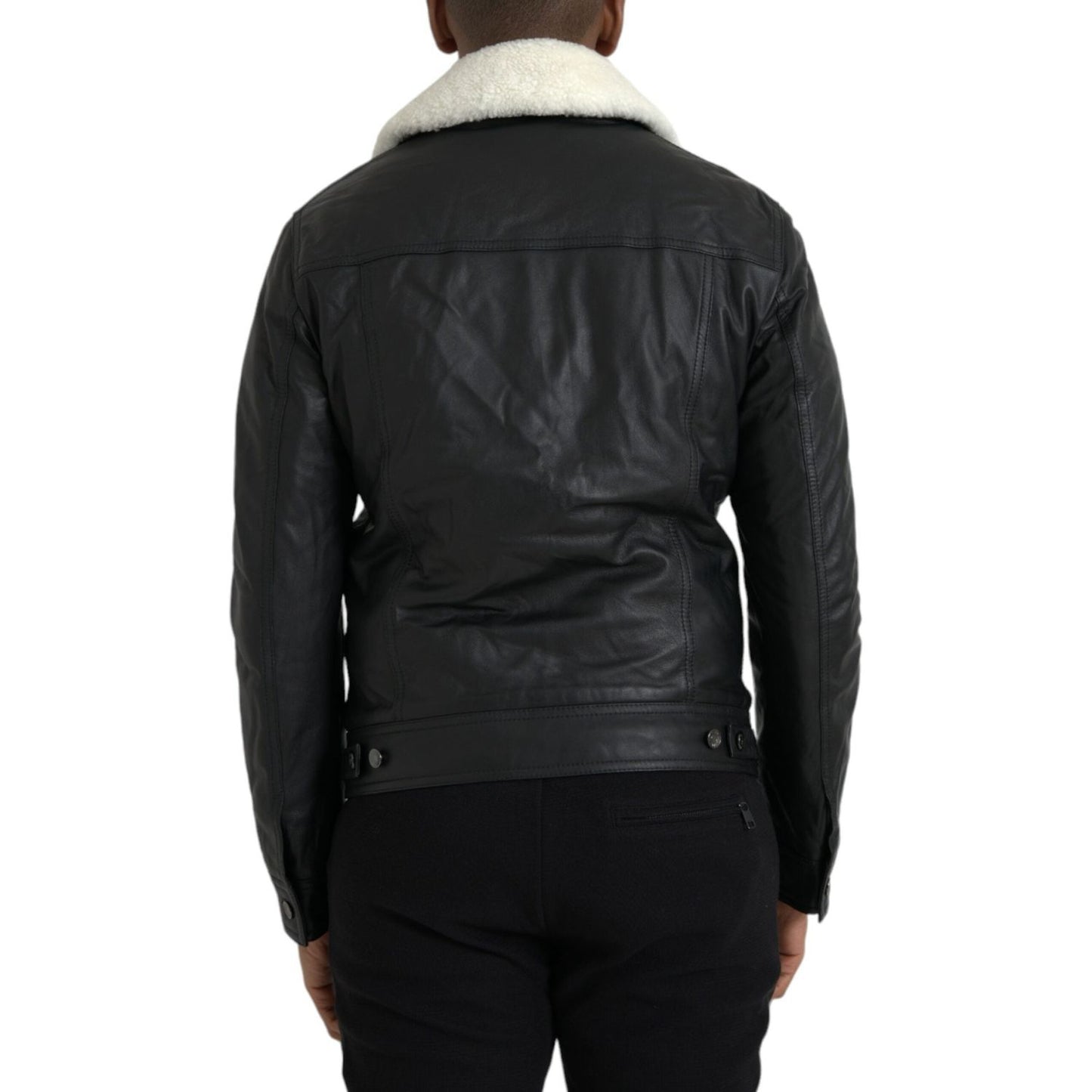 Dolce & Gabbana Black Leather Fur Collar Biker Coat Jacket Dolce & Gabbana Black