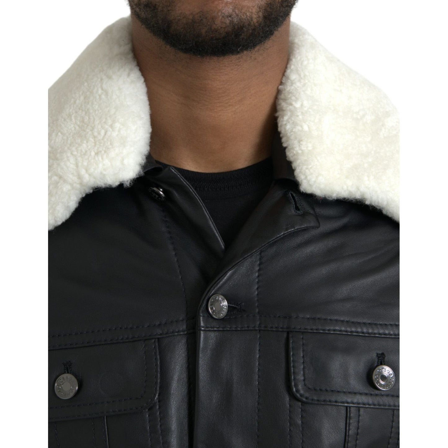 Dolce & Gabbana Black Leather Fur Collar Biker Coat Jacket Dolce & Gabbana Light Gray