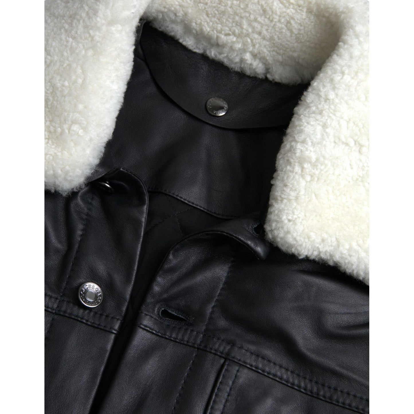 Dolce & Gabbana Black Leather Fur Collar Biker Coat Jacket Dolce & Gabbana Light Gray