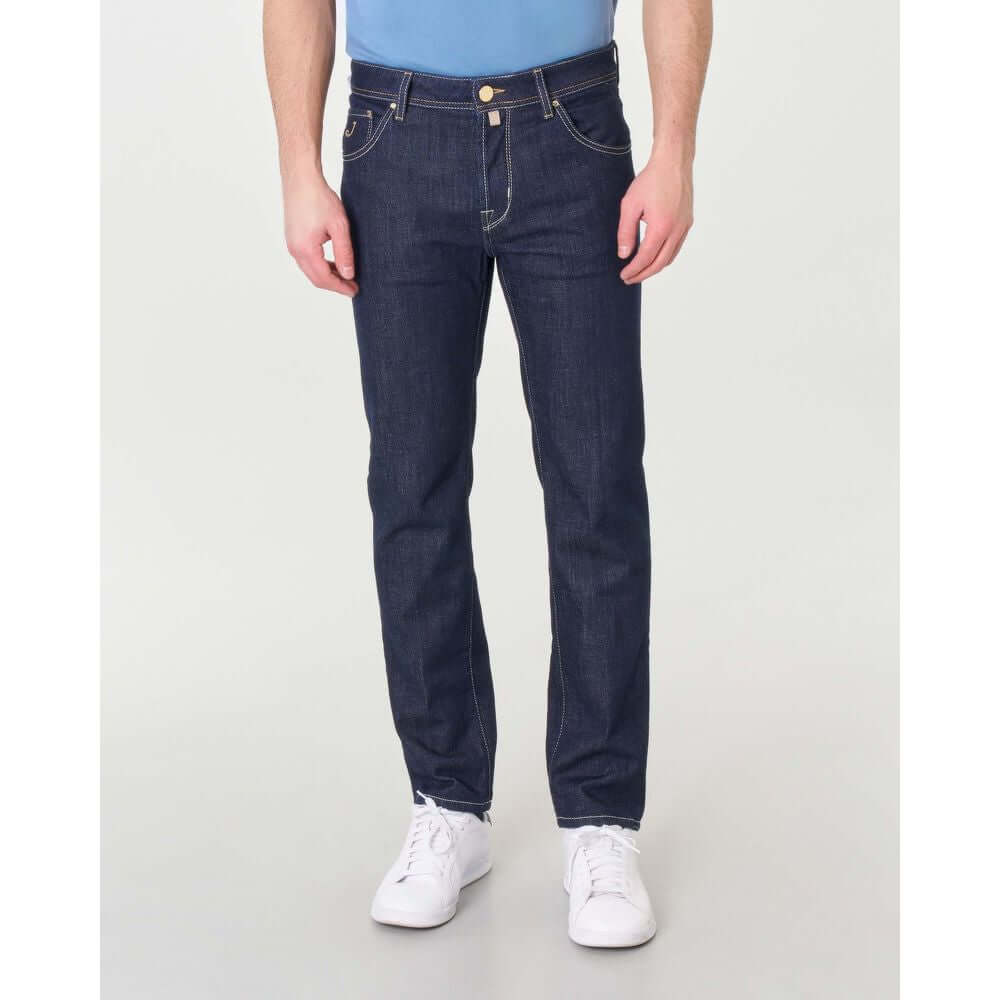 Jacob Cohen blue cotton jeans, lightly stretch denim, five-pocket design, yellow suede patch, made in Italy.