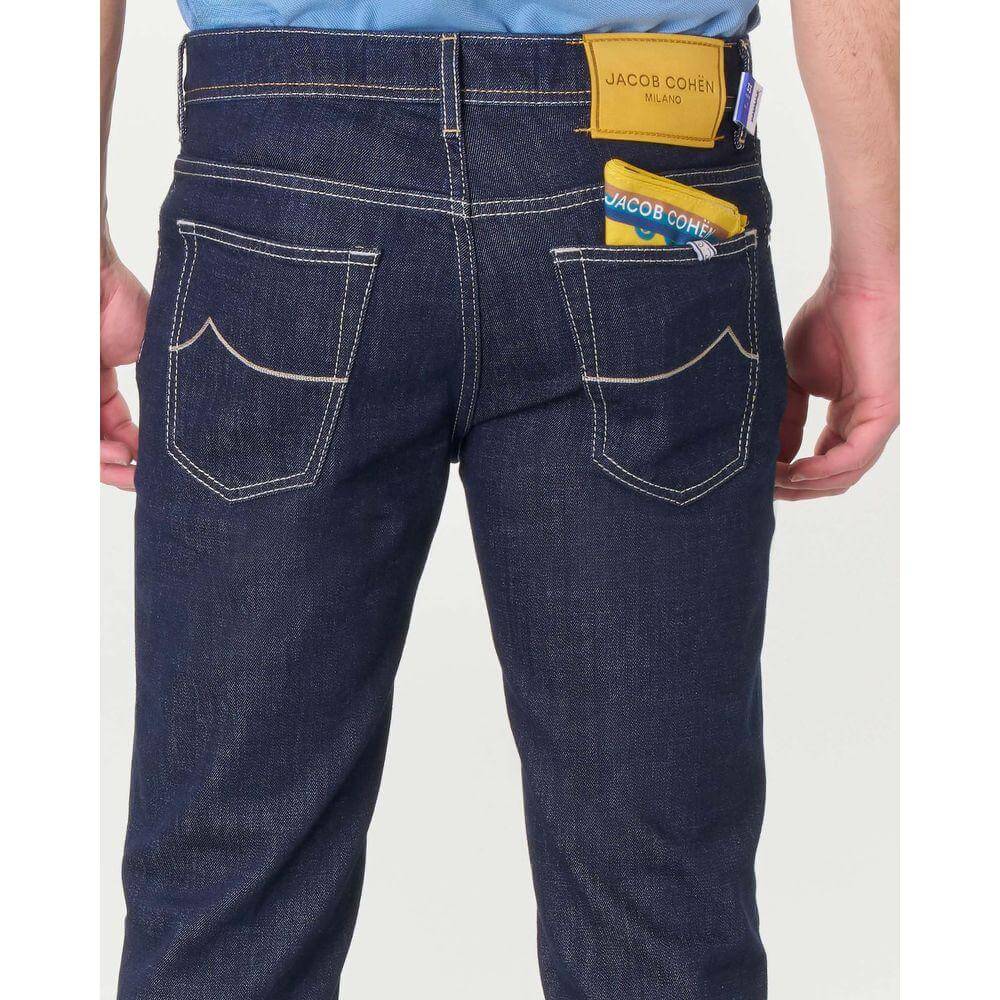 Back view of Jacob Cohen blue cotton jeans with yellow suede patch, showcasing five-pocket design. Made in Italy.