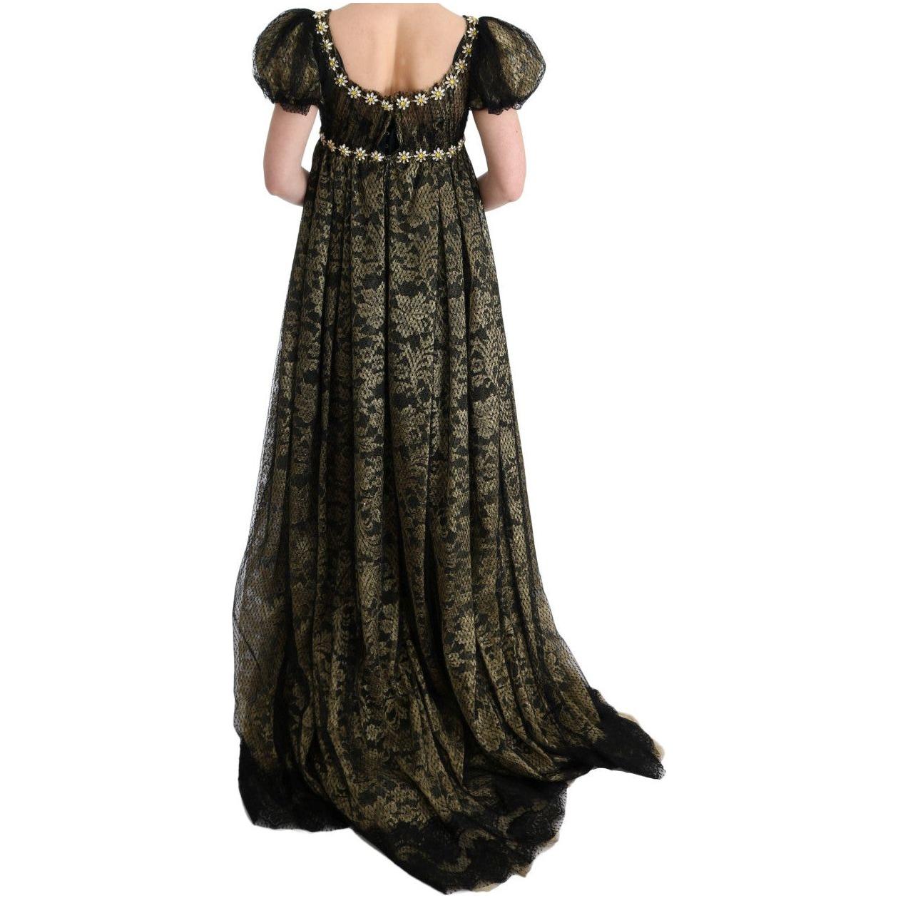 Dolce & Gabbana Sunflower Lace Crystal Maxi Shift Dress Dolce & Gabbana Black