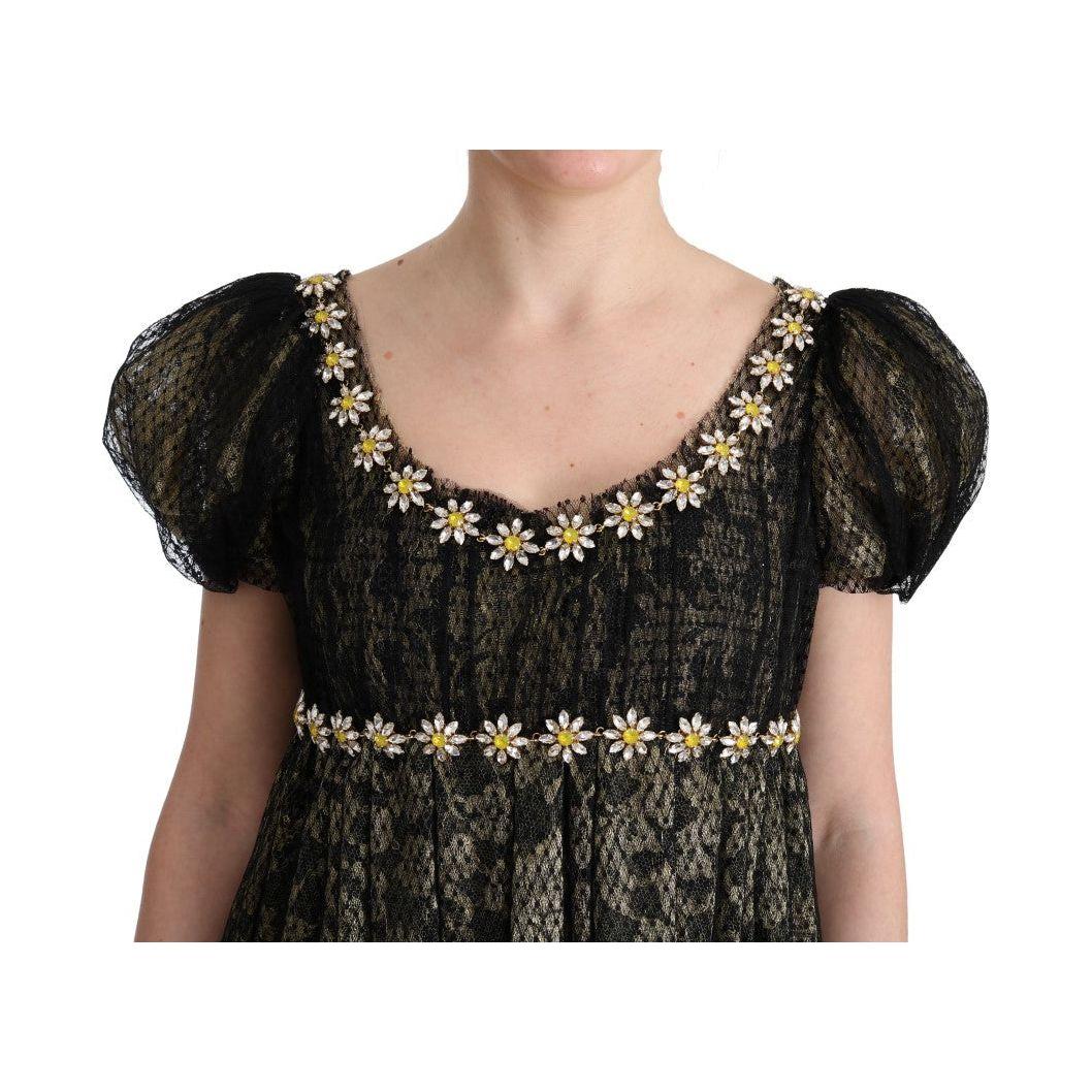 Dolce & Gabbana Sunflower Lace Crystal Maxi Shift Dress Dolce & Gabbana Tan