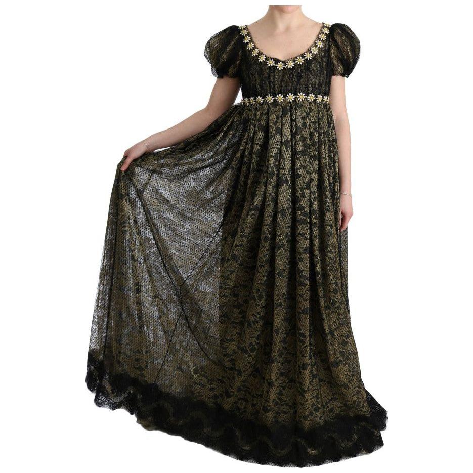 Dolce & Gabbana Sunflower Lace Crystal Maxi Shift Dress Dolce & Gabbana Black