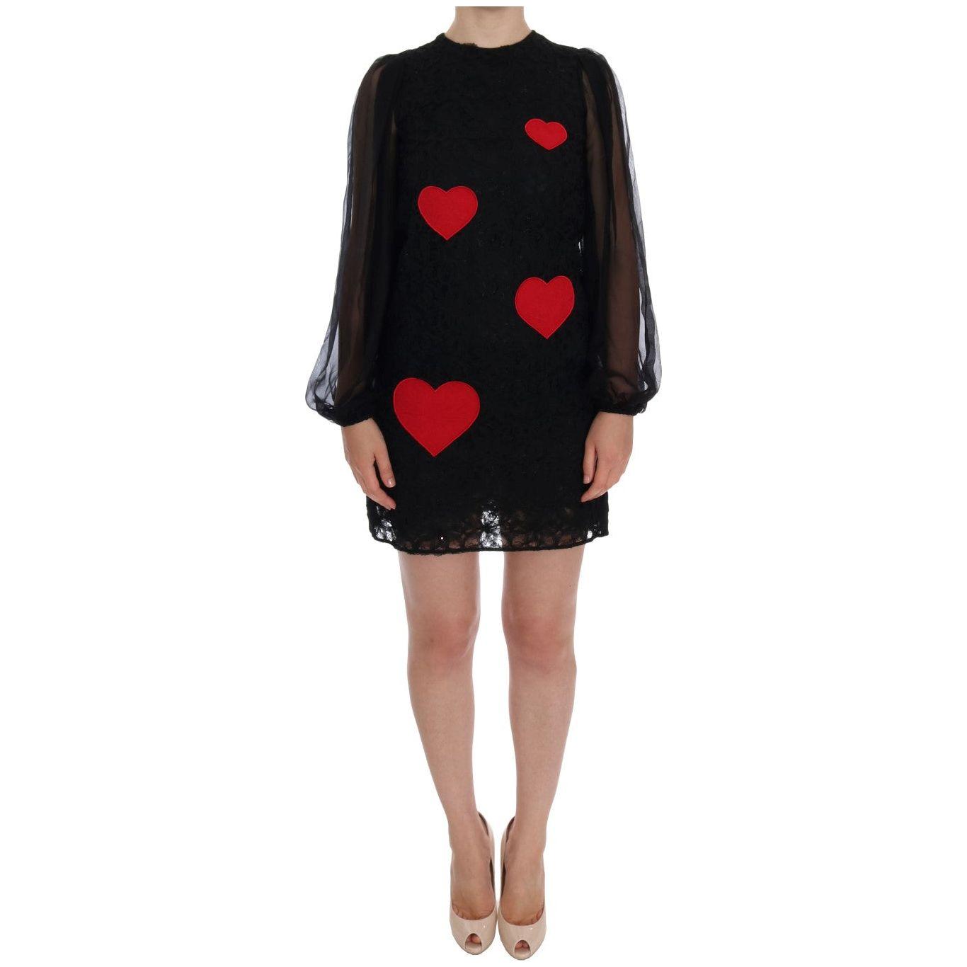 Dolce & Gabbana Elegant Black Lace Heart Applique Shift Dress Dolce & Gabbana Black
