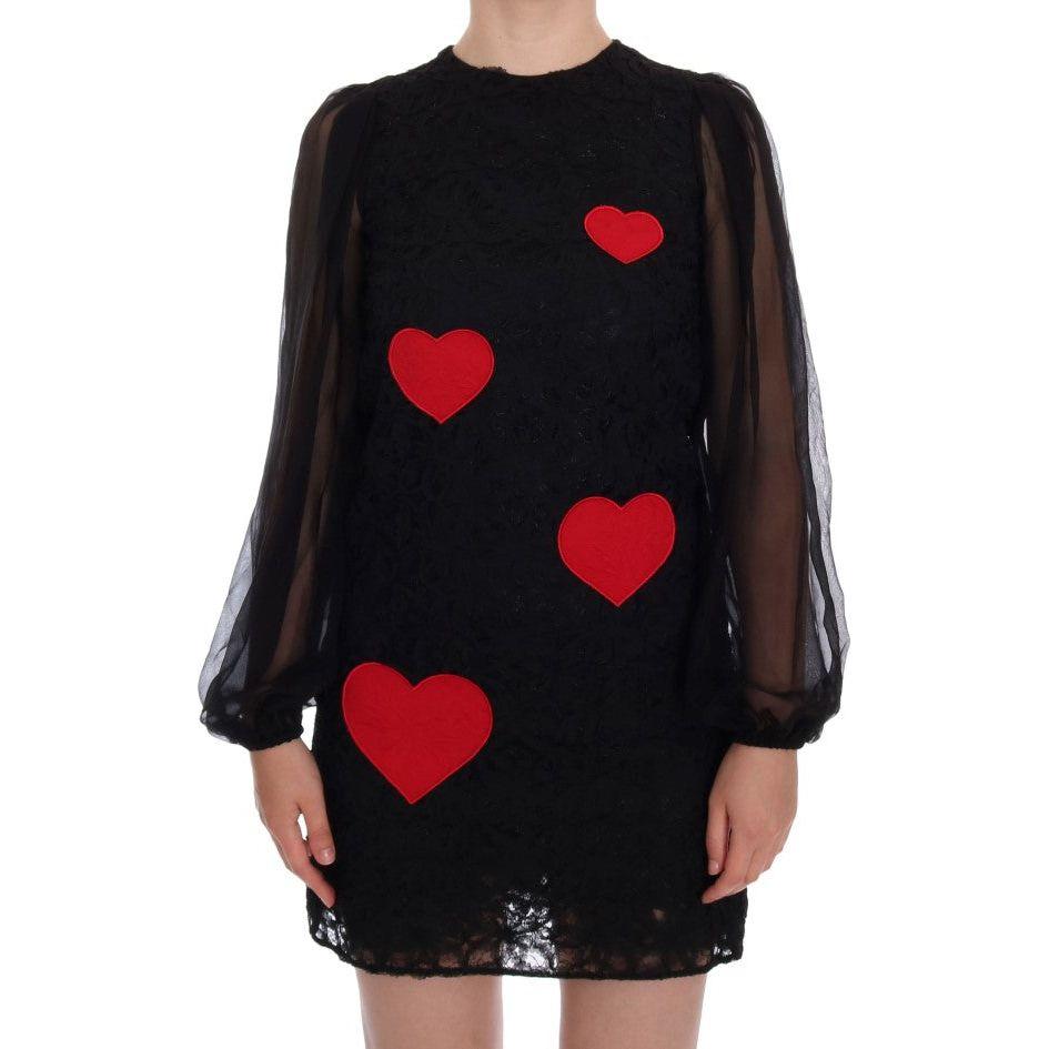Dolce & Gabbana Elegant Black Lace Heart Applique Shift Dress Dolce & Gabbana Rosy Brown