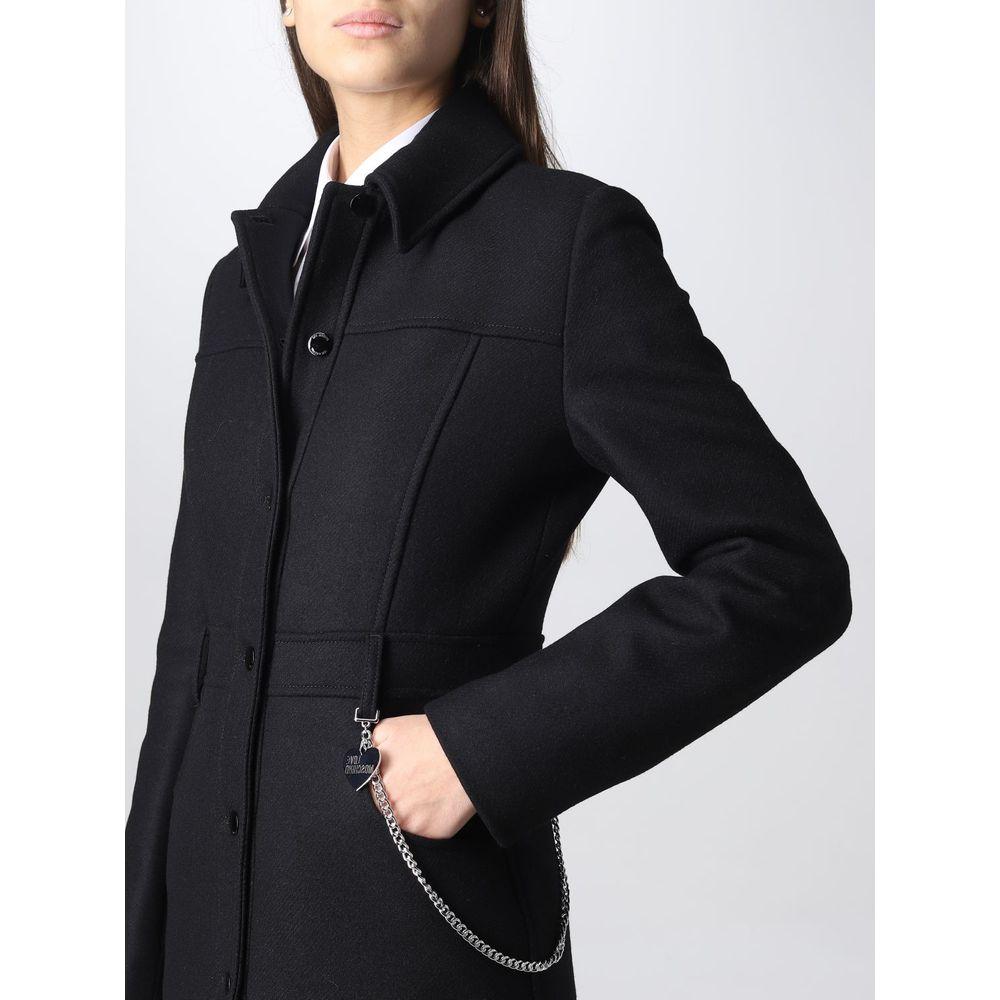 Love Moschino Elegant Black Wool Coat with Silver Chain Detail Love Moschino Black
