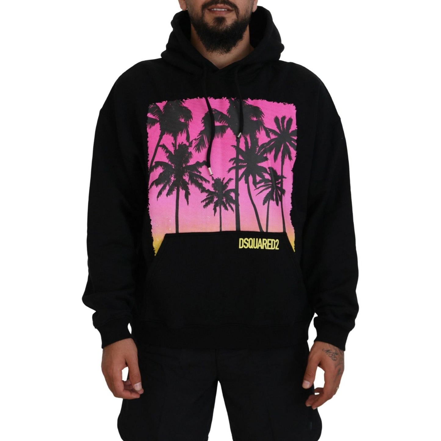 Dsquared² Black Cotton Hooded Printed Men Pullover Sweater Dsquared² Pale Violet Red