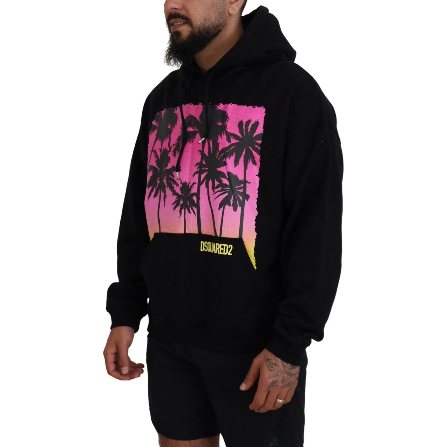 Dsquared² Black Cotton Hooded Printed Men Pullover Sweater Dsquared² Pale Violet Red