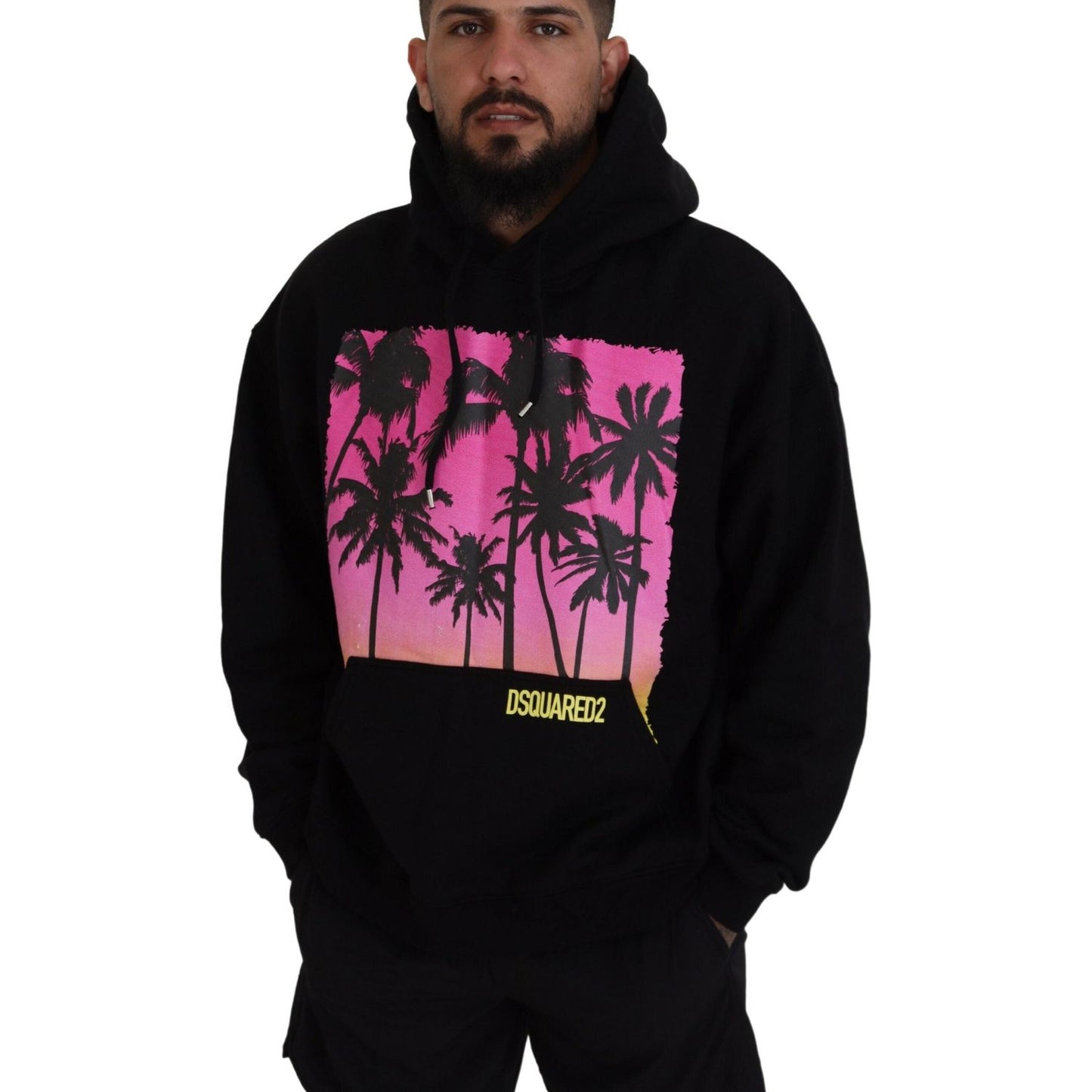 Dsquared² Black Cotton Hooded Printed Men Pullover Sweater Dsquared² Pale Violet Red