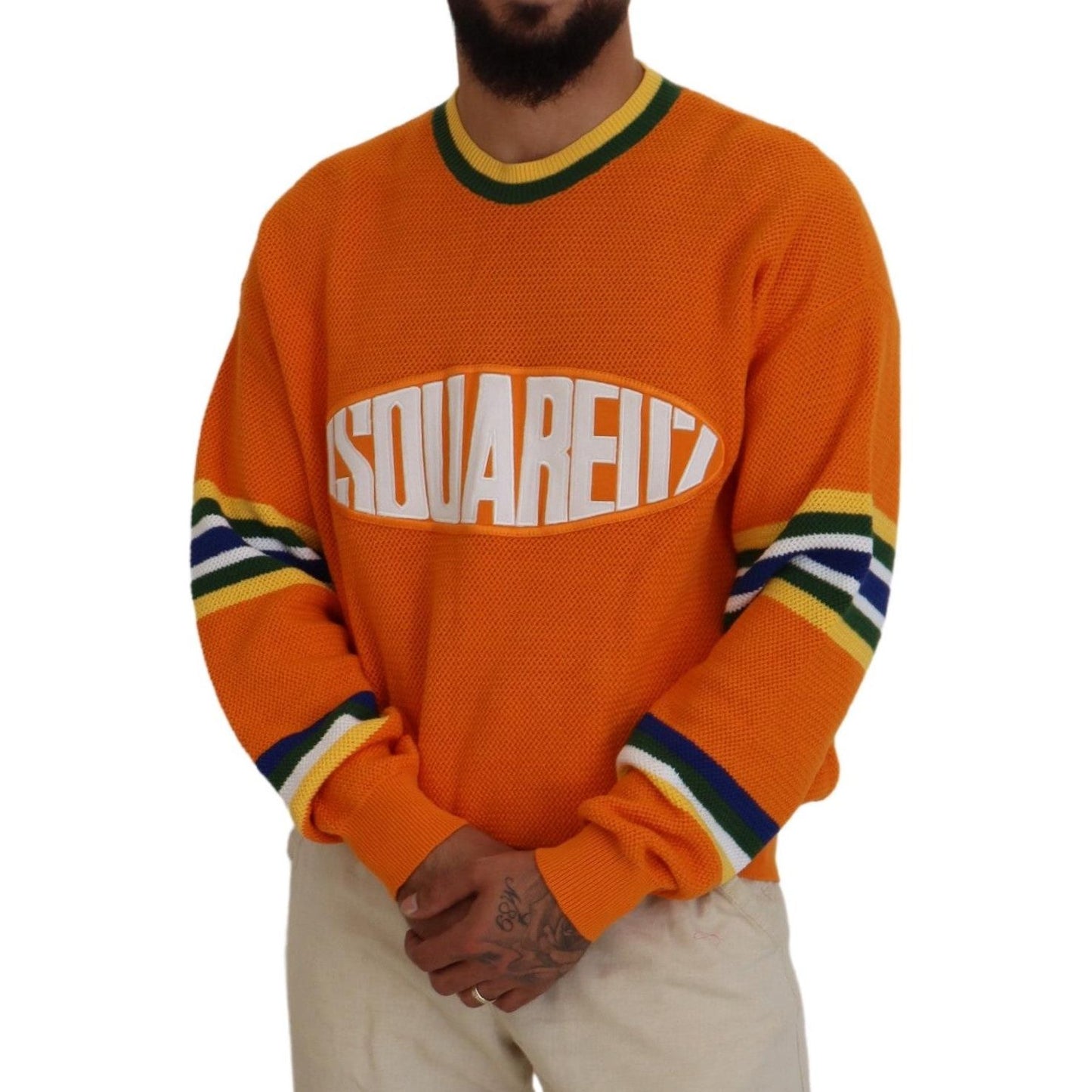 Dsquared² Orange Printed Long Sleeves Men Pullover Sweater Dsquared² Sienna