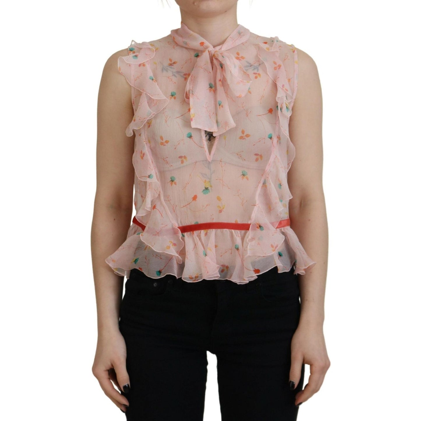 Dsquared² Pink Floral Print Silk Sleeveless Ascot Collar Top Dsquared² Rosy Brown