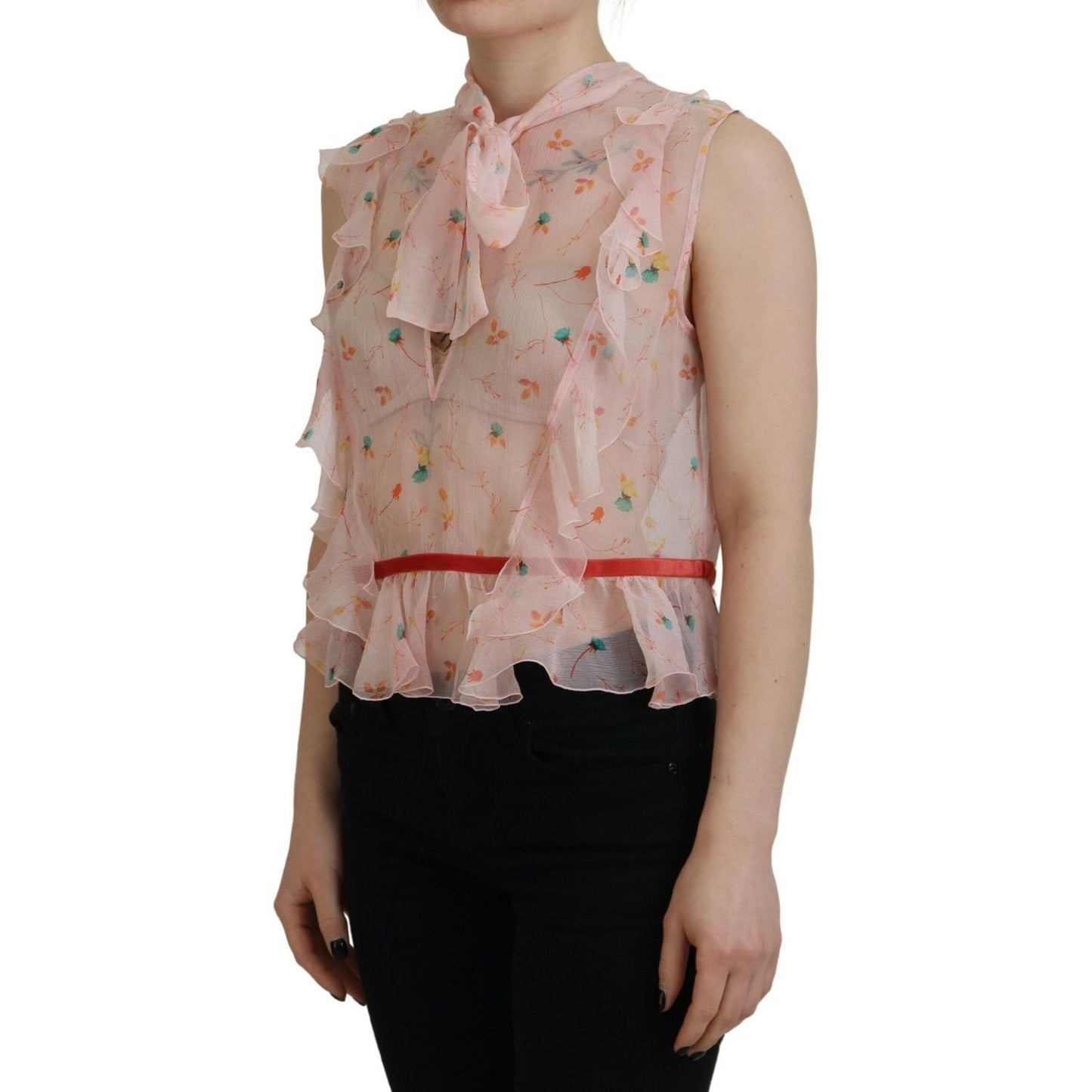 Dsquared² Pink Floral Print Silk Sleeveless Ascot Collar Top Dsquared² Rosy Brown