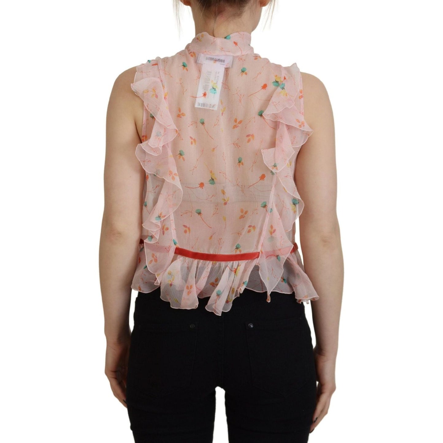 Dsquared² Pink Floral Print Silk Sleeveless Ascot Collar Top Dsquared² Rosy Brown