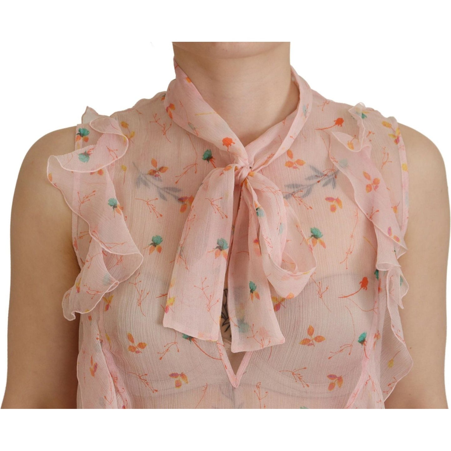 Dsquared² Pink Floral Print Silk Sleeveless Ascot Collar Top Dsquared² Rosy Brown