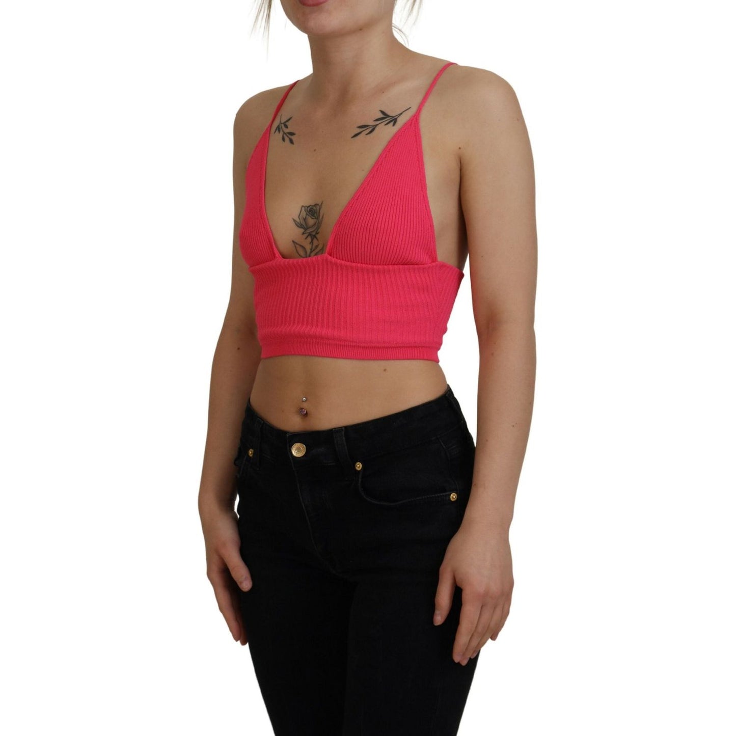 Dsquared² Pink Ribbed Knit Bra Cropped Spaghetti Strap Top Dsquared² Sienna