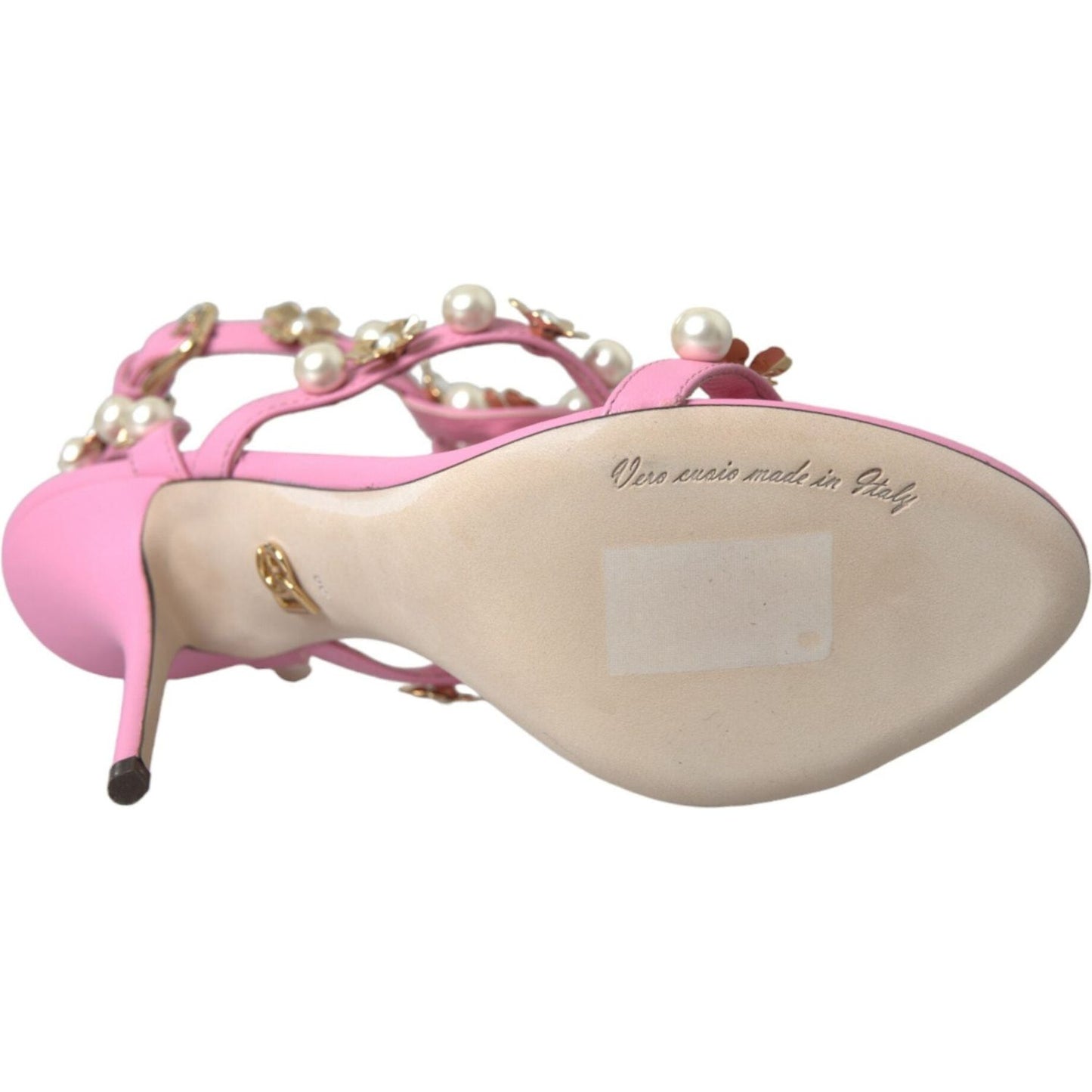 Dolce & Gabbana Pink Leather Embellished Heels Sandals Shoes Dolce & Gabbana Tan