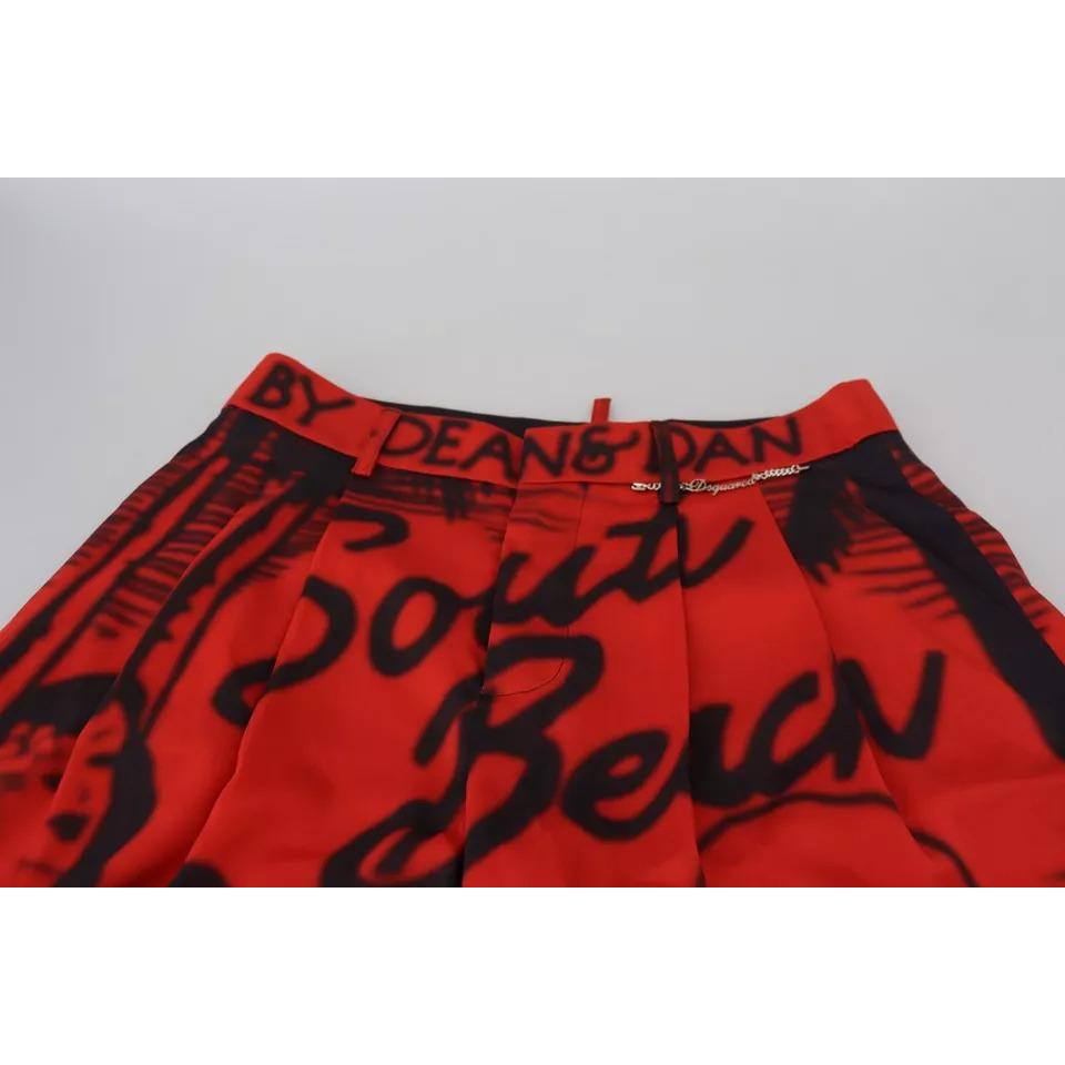 Dsquared² Red Printed High Waist Wide Leg Cropped Pants Dsquared² Firebrick