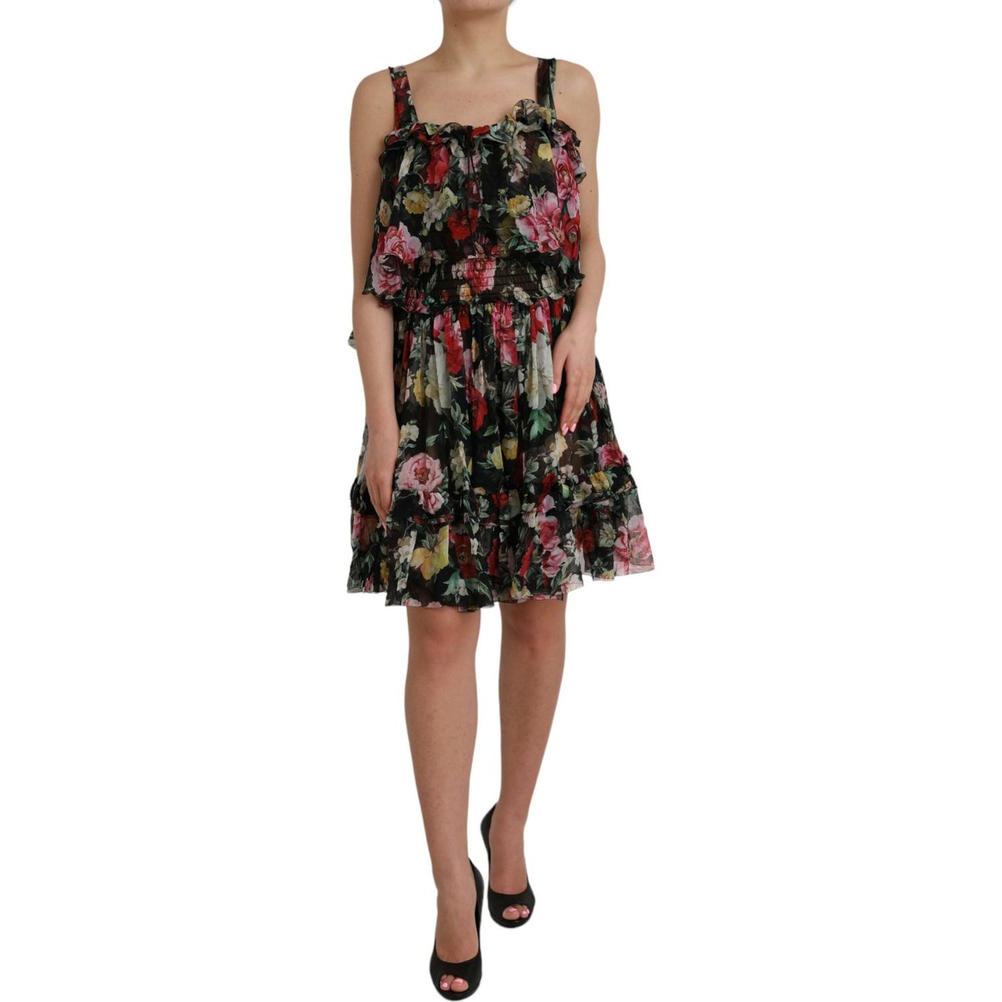 Dolce & Gabbana Black Floral Silk A-line Sleeveless Dress Dolce & Gabbana Dim Gray