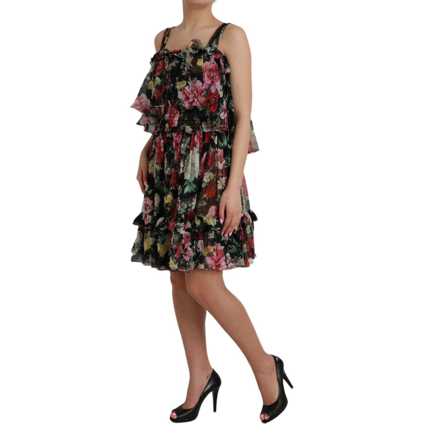 Dolce & Gabbana Black Floral Silk A-line Sleeveless Dress Dolce & Gabbana Dim Gray