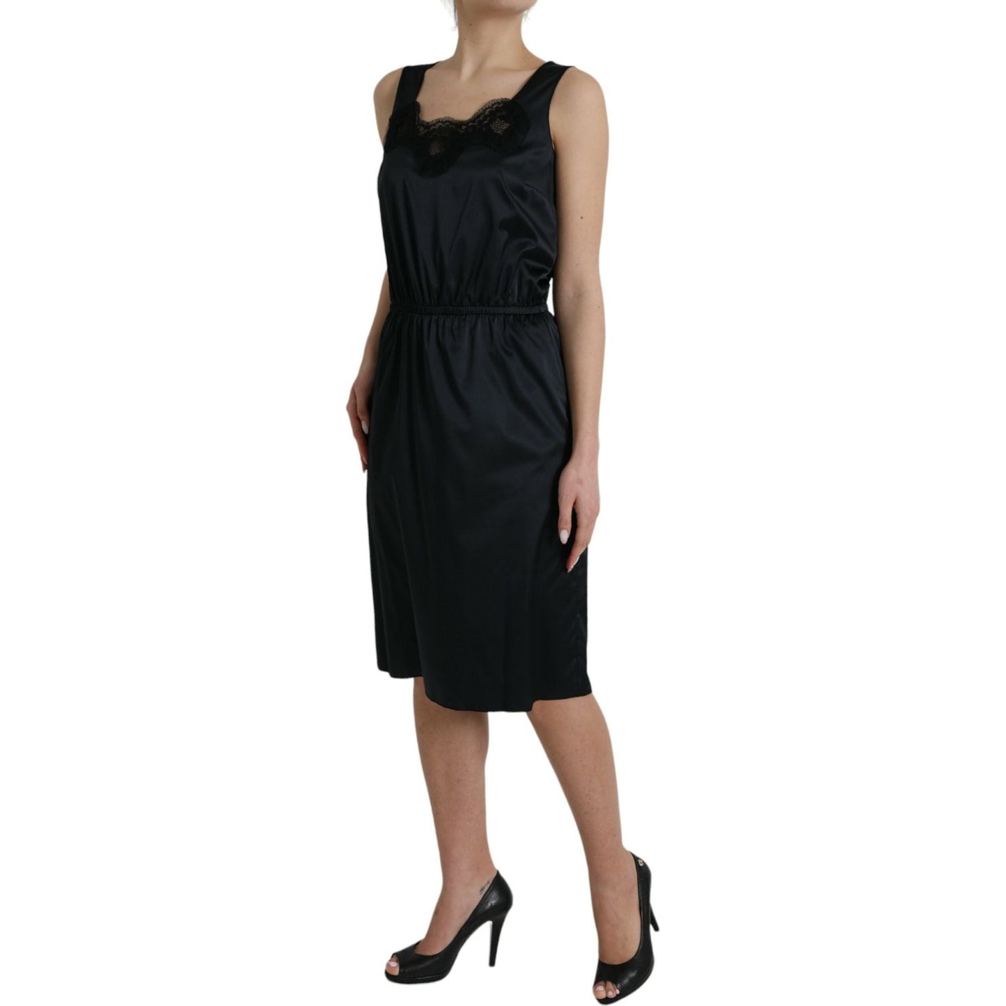 Dolce & Gabbana Black Polyester Lace Trim Sheath Midi Dress Dolce & Gabbana Black